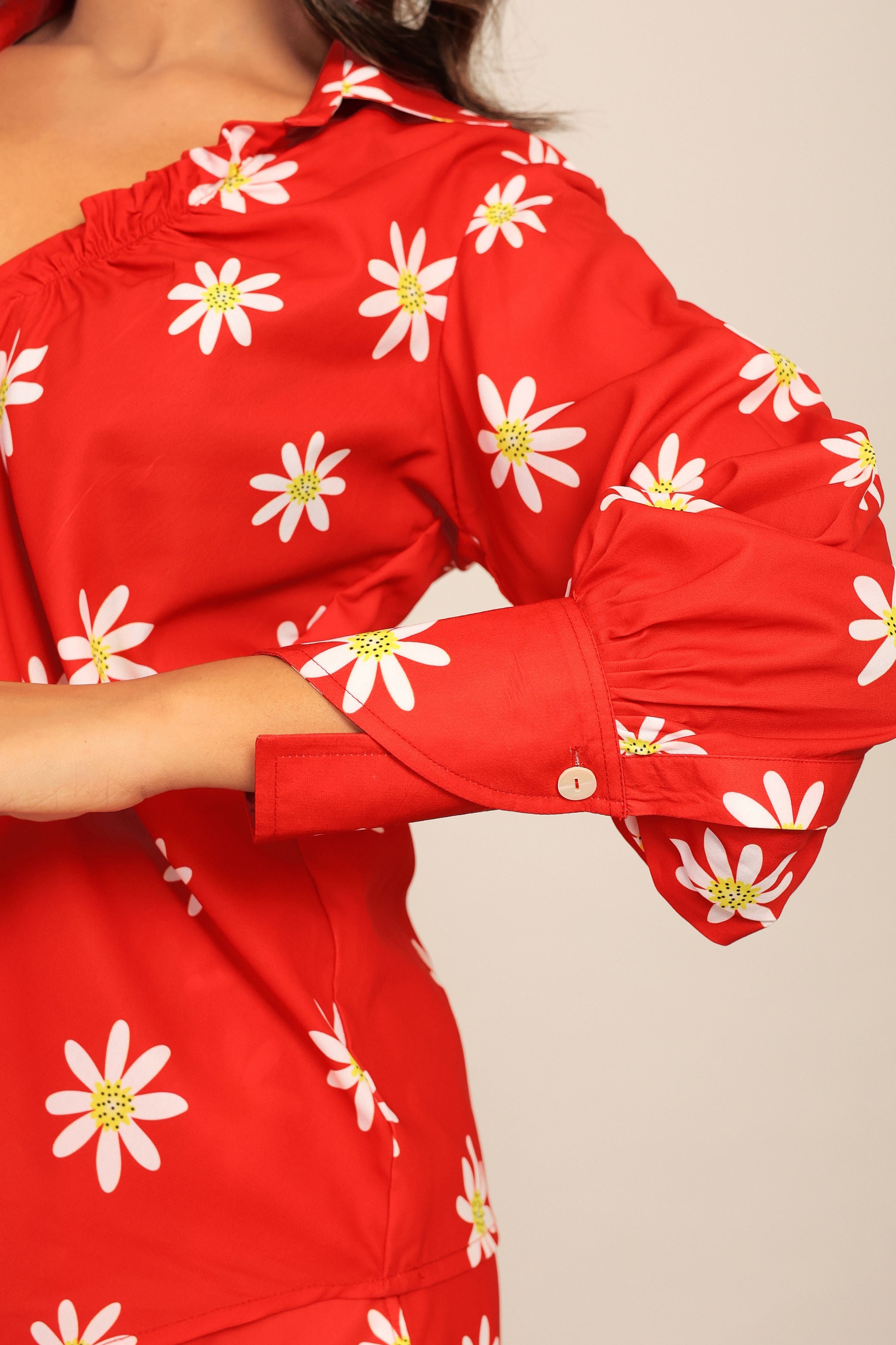 Red and White Floral Printed Western Cord-Set Relaxed Shirt and Pant - Kaoribyshreya