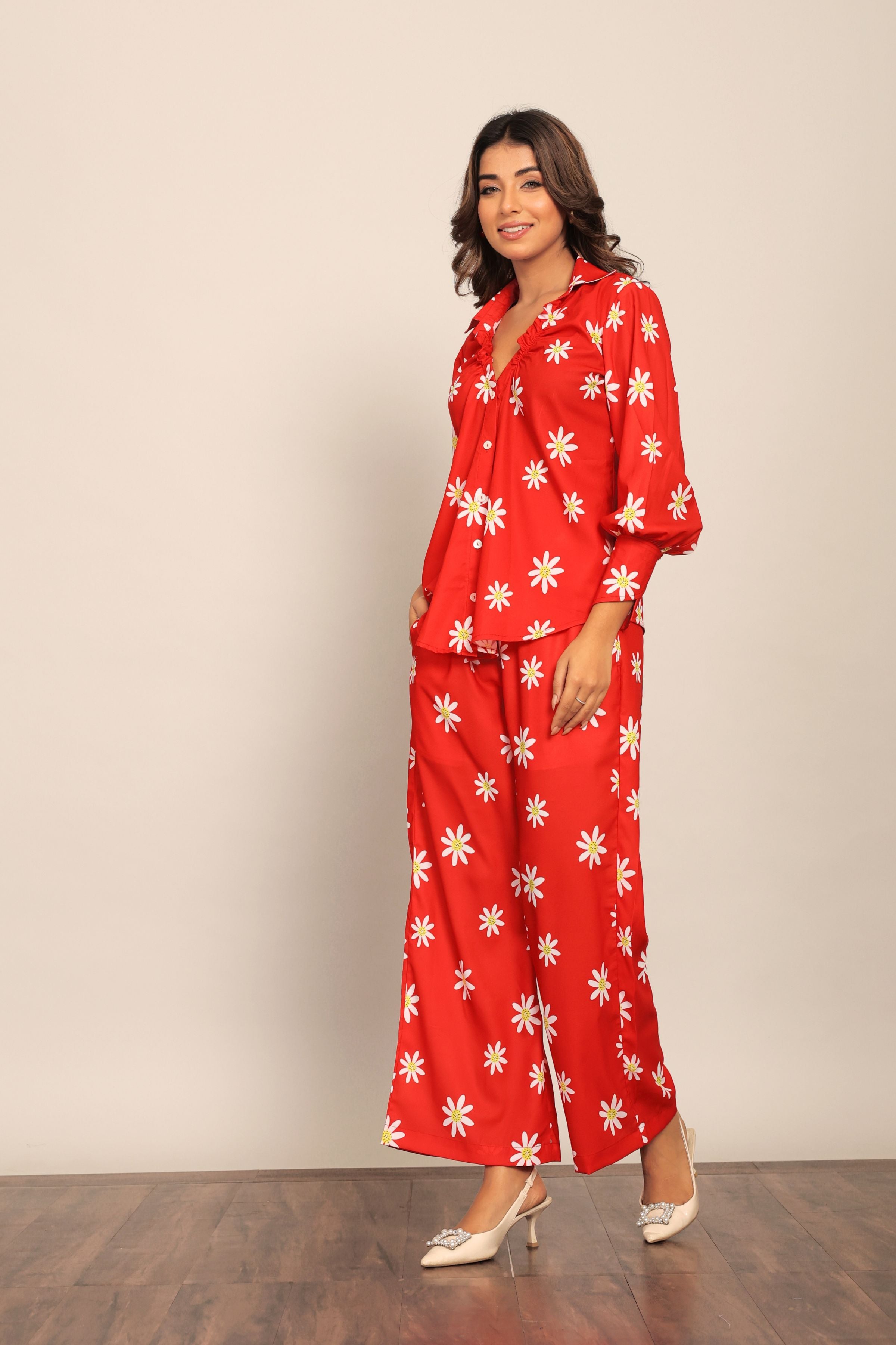 Red and White Floral Printed Western Cord-Set Relaxed Shirt and Pant - Kaoribyshreya