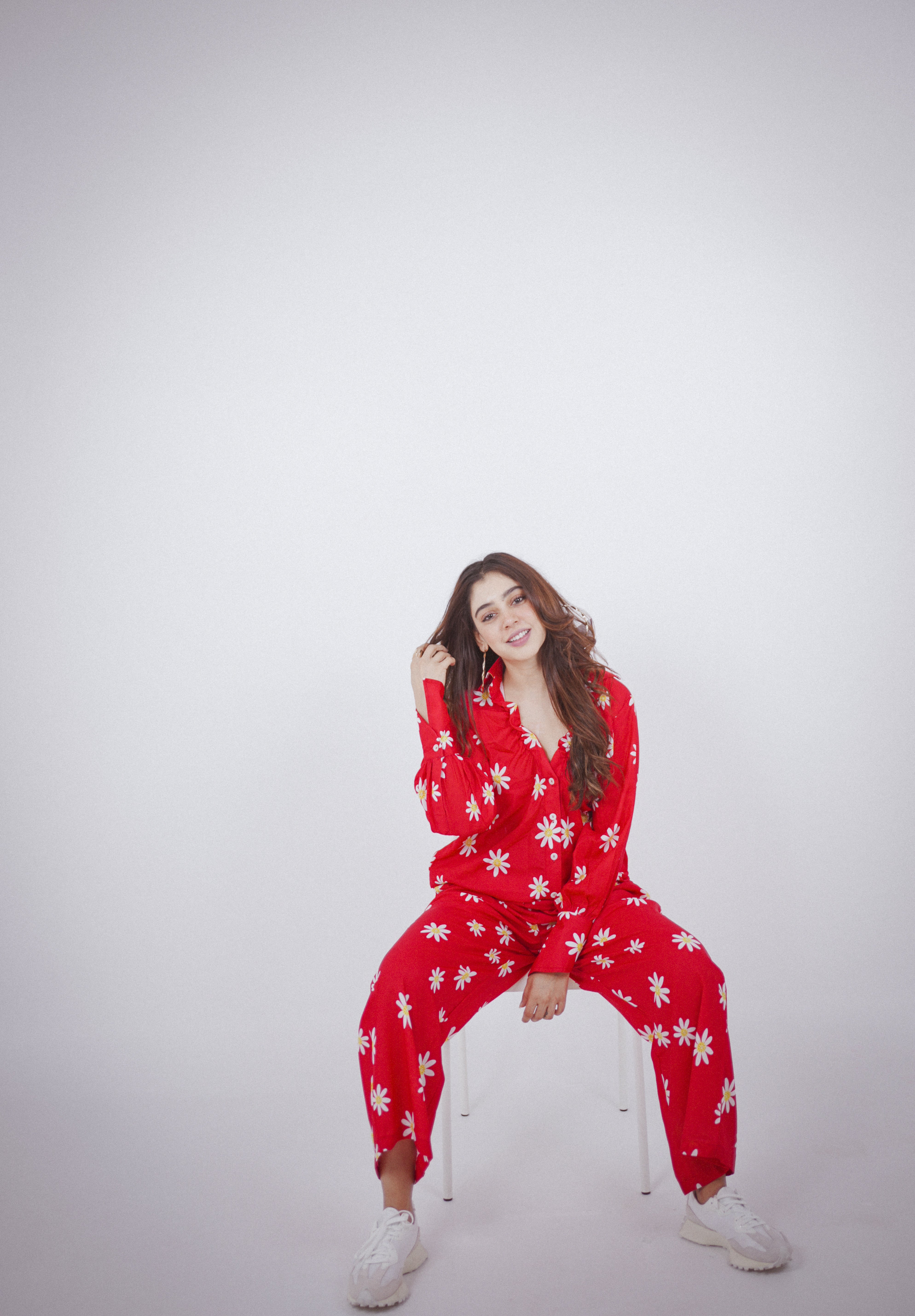 Red and White Floral Printed Western Cord-Set Relaxed Shirt and Pant - Kaoribyshreya