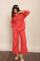 Red Gingham Printed Western Cord-Set Relaxed Shirt and Pant - Kaoribyshreya