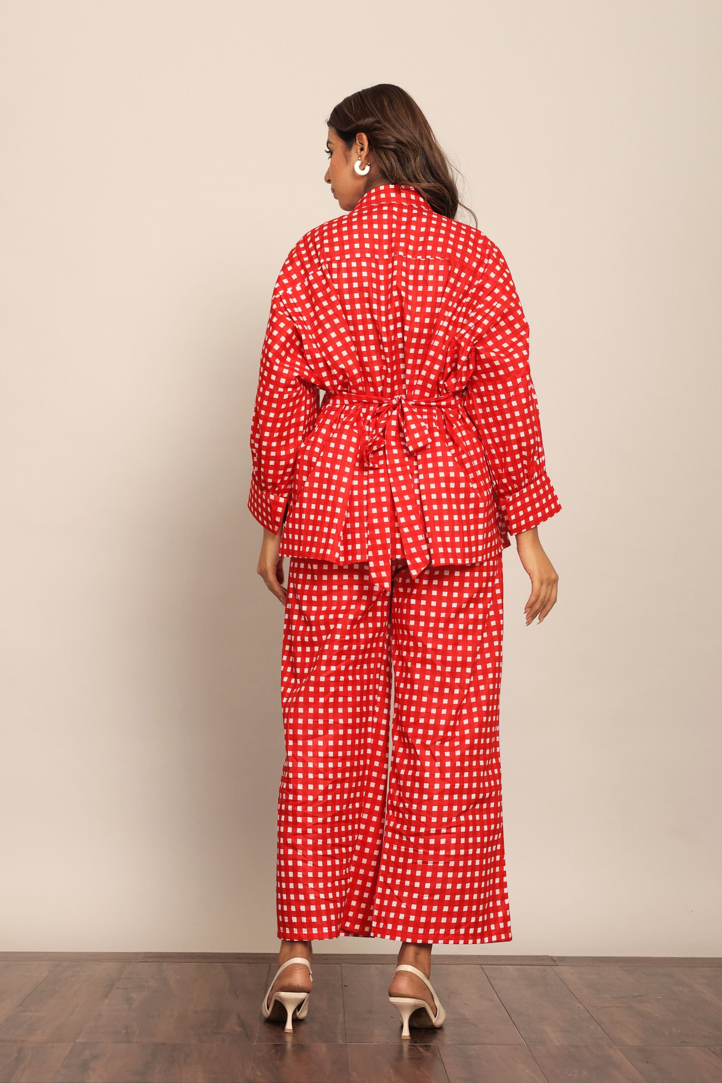 Red Gingham Printed Western Cord-Set Relaxed Shirt and Pant - Kaoribyshreya