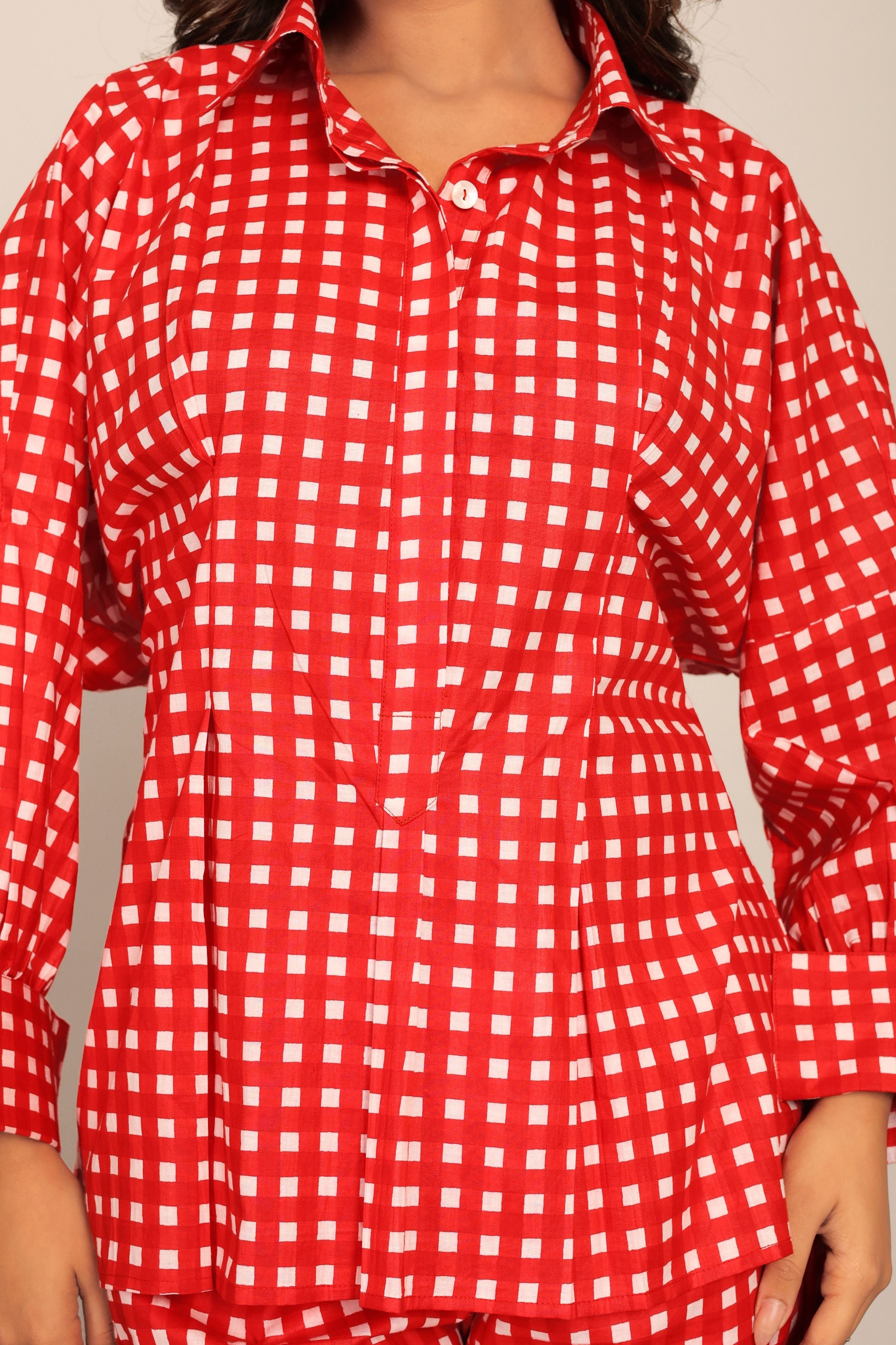 Red Gingham Printed Western Cord-Set Relaxed Shirt and Pant - Kaoribyshreya