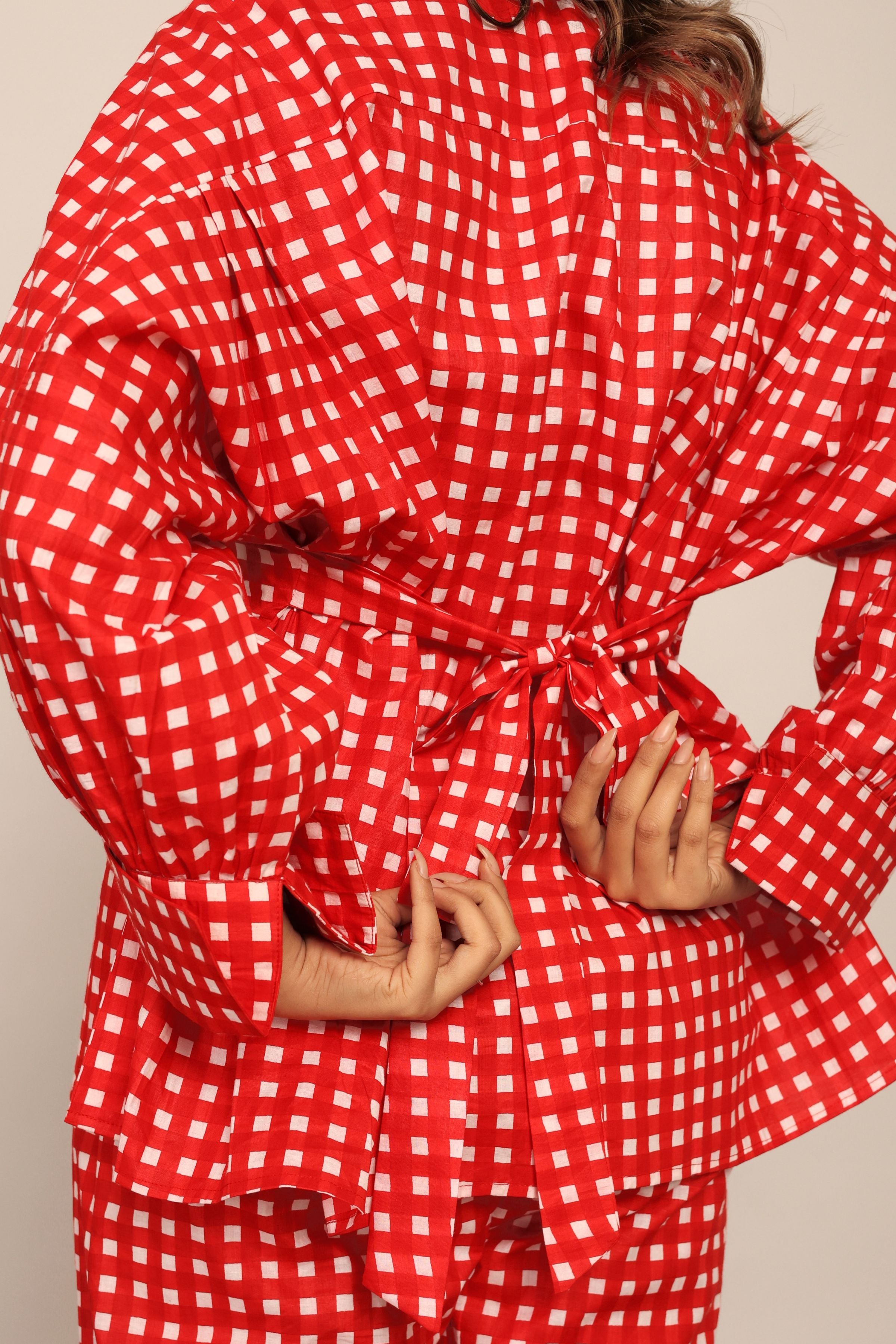 Red Gingham Printed Western Cord-Set Relaxed Shirt and Pant - Kaoribyshreya
