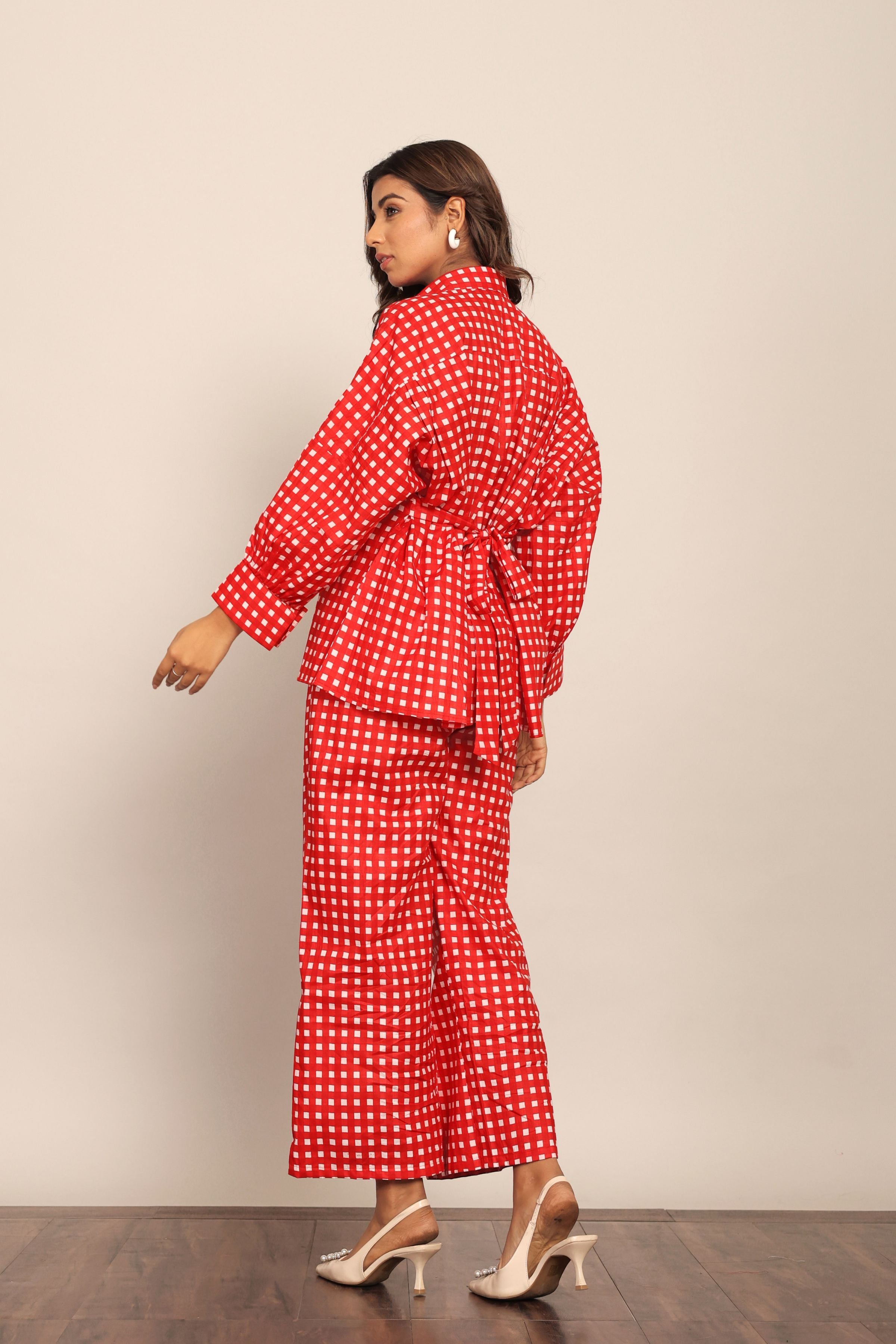 Red Gingham Printed Western Cord-Set Relaxed Shirt and Pant - Kaoribyshreya