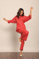 Red Gingham Printed Western Cord-Set Relaxed Shirt and Pant - Kaoribyshreya