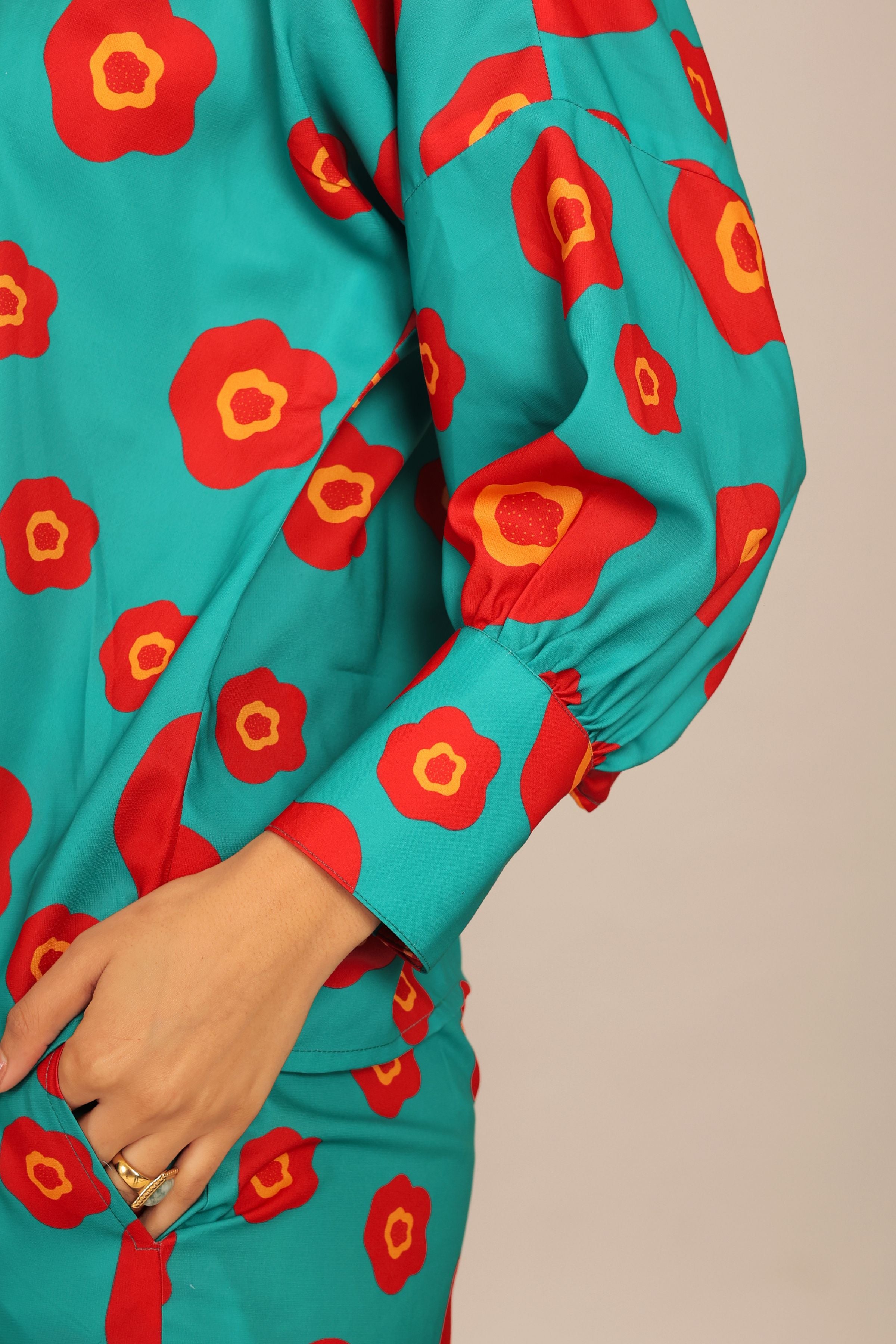 Sea Green and Red Floral Printed Cord-Set Relaxed Shirt and Pant - Kaoribyshreya