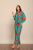 Sea Green and Red Floral Printed Cord-Set Relaxed Shirt and Pant - Kaoribyshreya