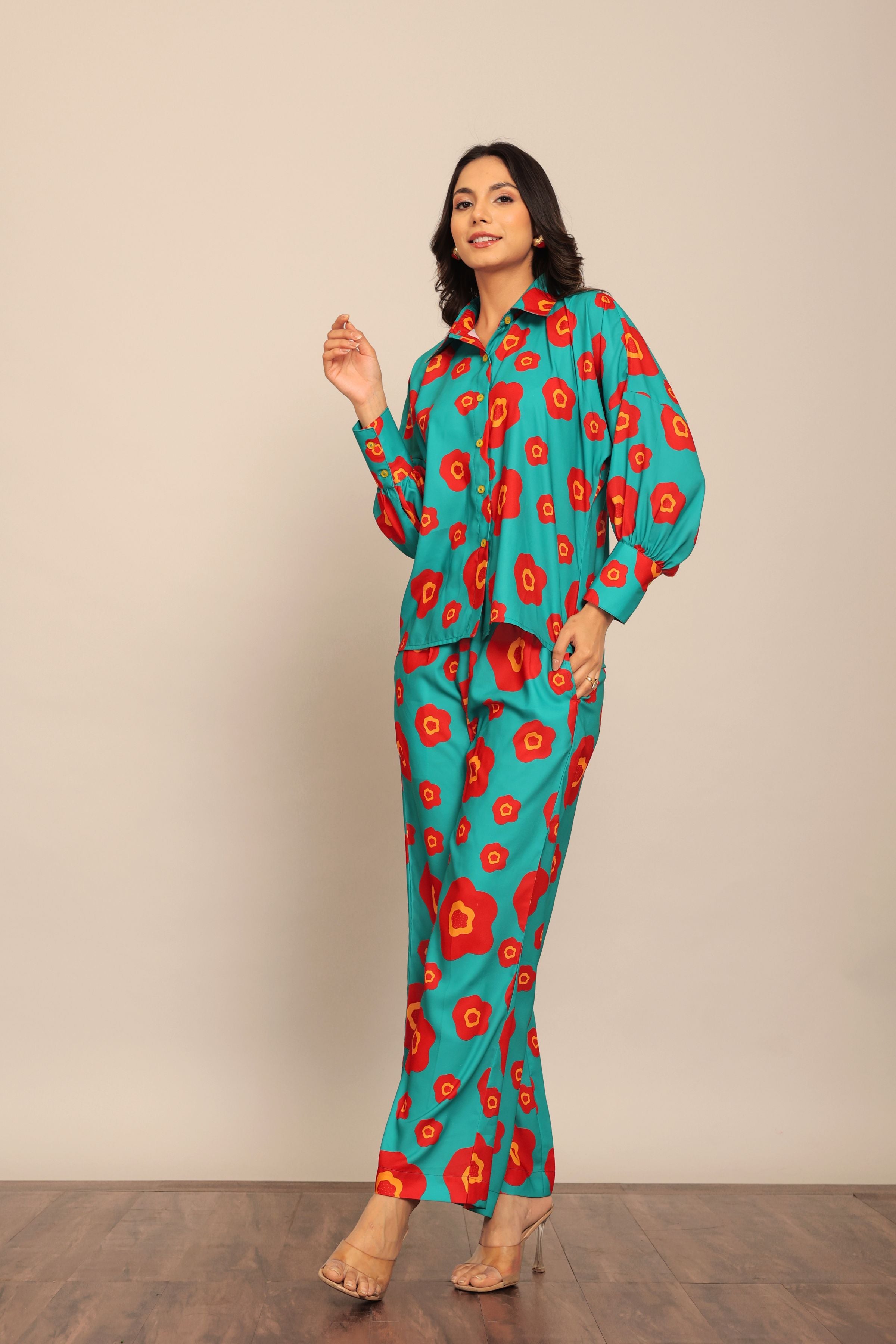 Sea Green and Red Floral Printed Cord-Set Relaxed Shirt and Pant - Kaoribyshreya
