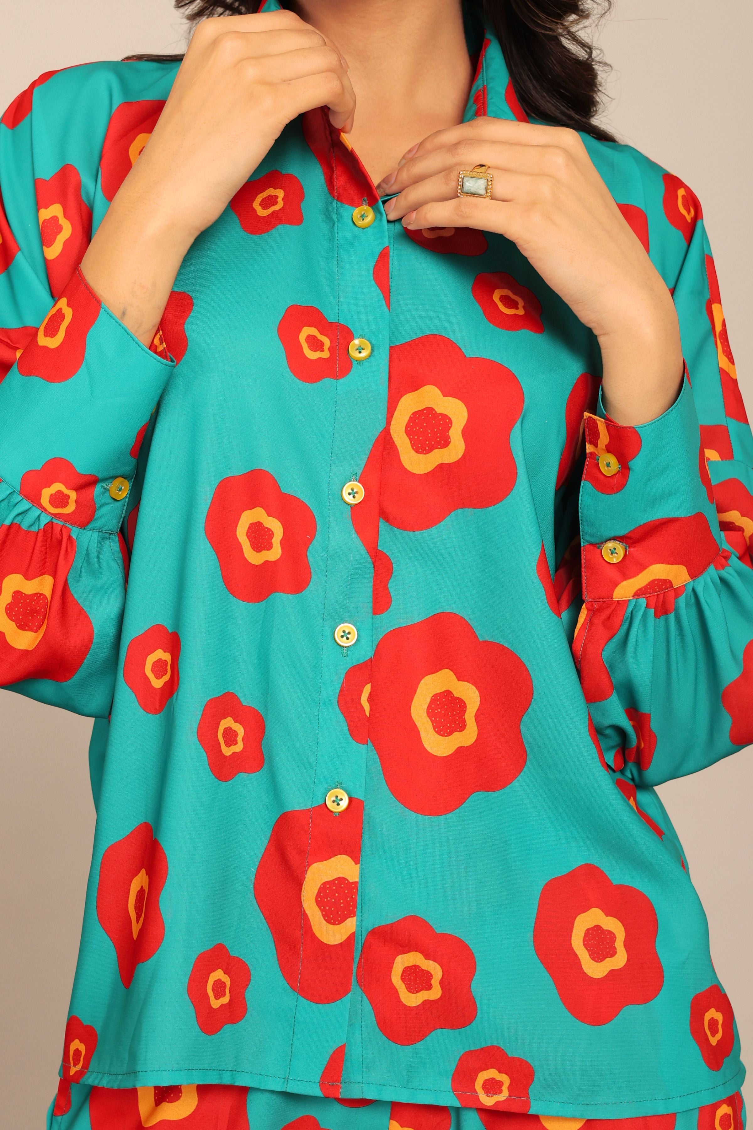 Sea Green and Red Floral Printed Cord-Set Relaxed Shirt and Pant - Kaoribyshreya