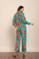 Sea Green and Red Floral Printed Cord-Set Relaxed Shirt and Pant - Kaoribyshreya