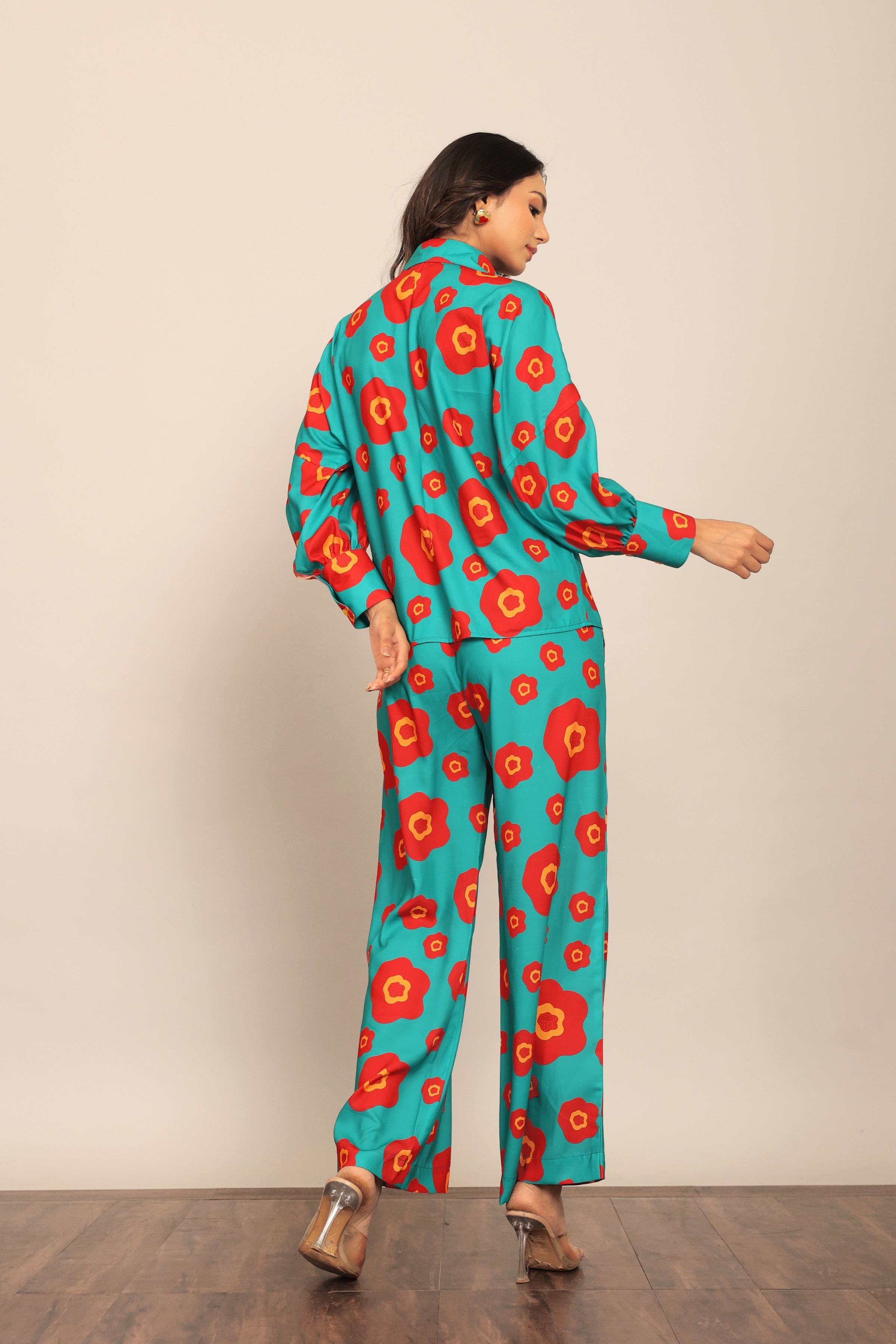 Sea Green and Red Floral Printed Cord-Set Relaxed Shirt and Pant - Kaoribyshreya