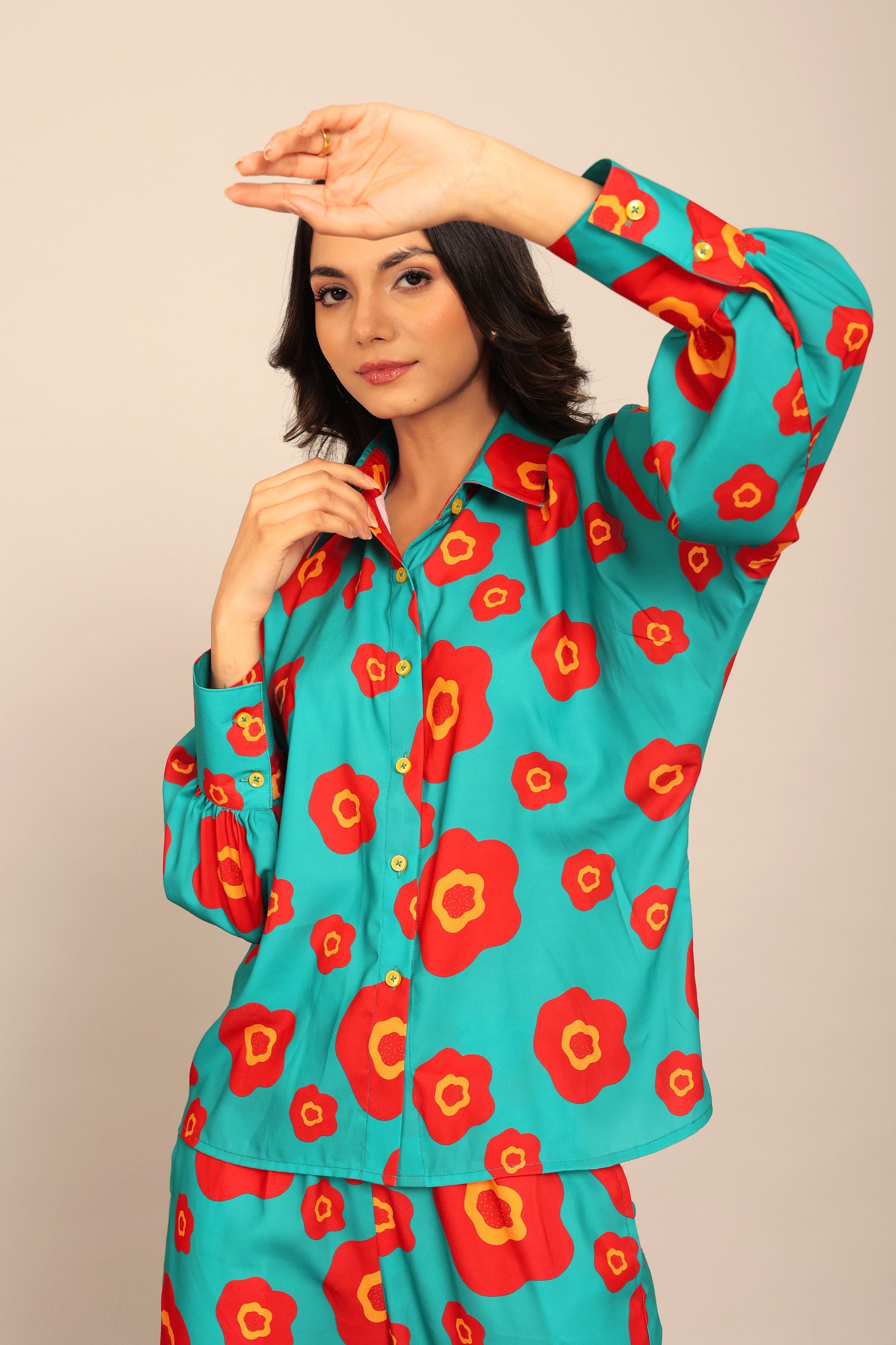 Sea Green and Red Floral Printed Cord-Set Relaxed Shirt and Pant - Kaoribyshreya