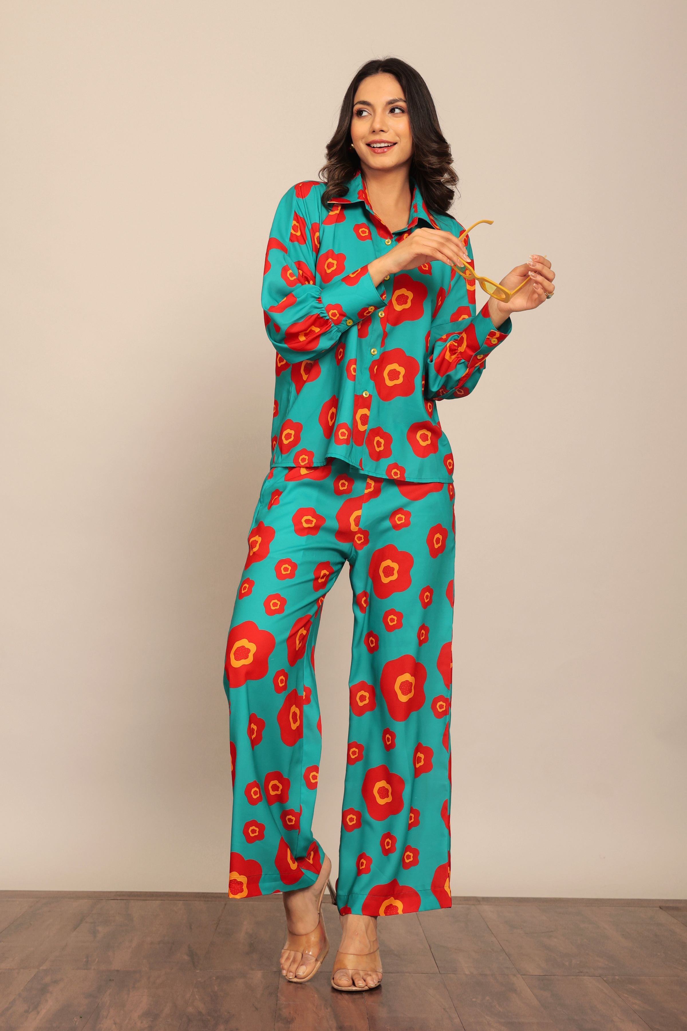 Sea Green and Red Floral Printed Cord-Set Relaxed Shirt and Pant - Kaoribyshreya