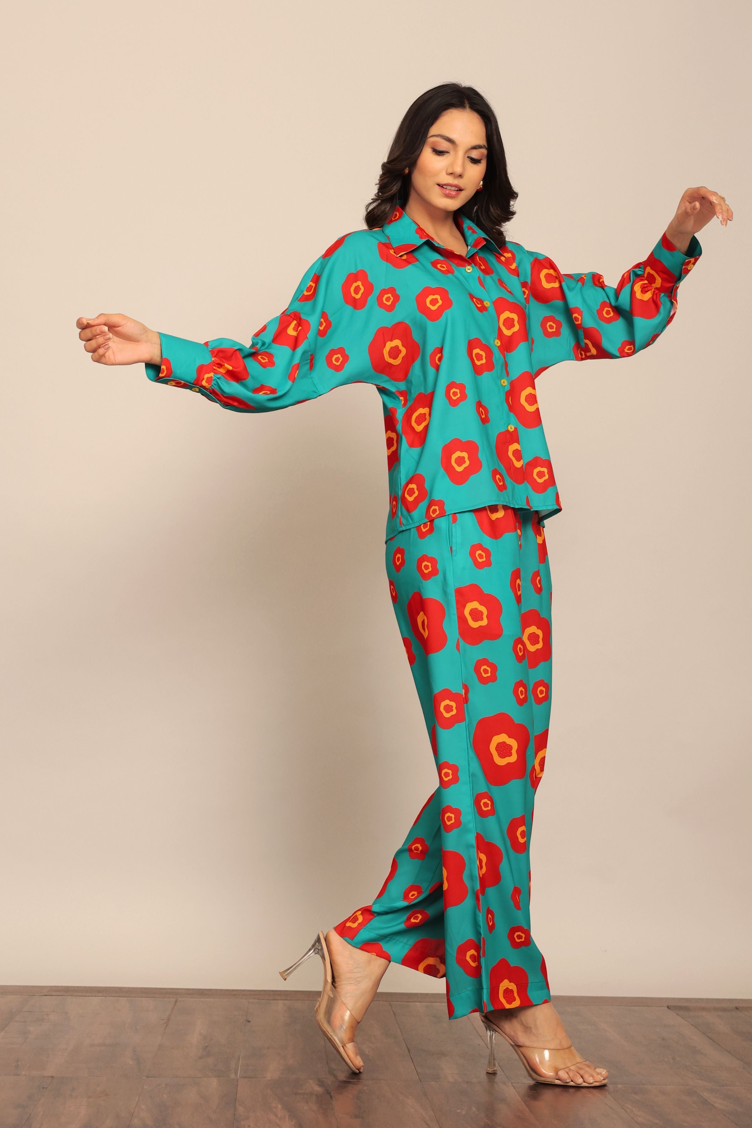 Sea Green and Red Floral Printed Cord-Set Relaxed Shirt and Pant - Kaoribyshreya