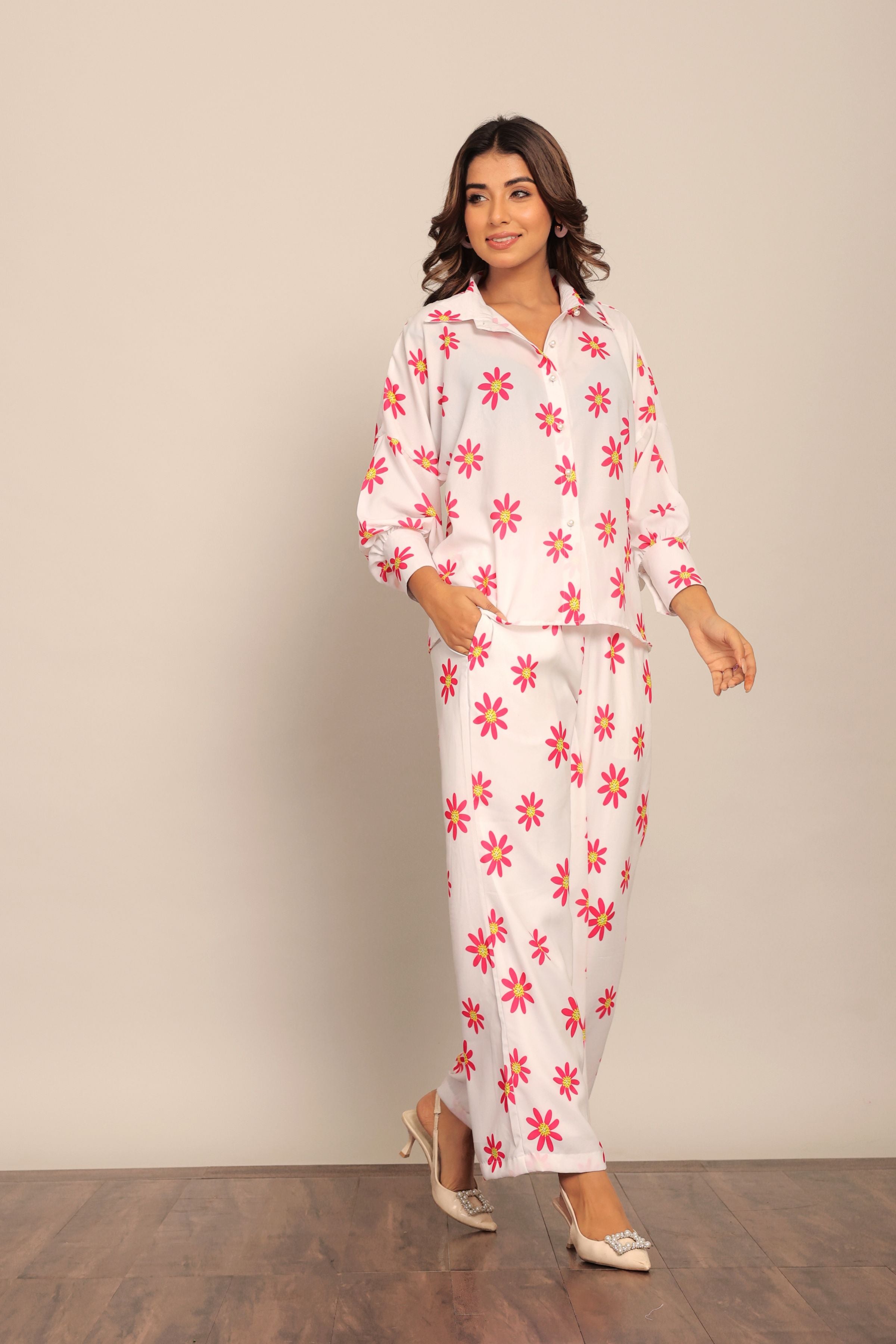 White and Red Floral Printed Western Cord-Set Relaxed Shirt and Pant - Kaoribyshreya