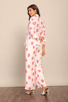 White and Red Floral Printed Western Cord-Set Relaxed Shirt and Pant - Kaoribyshreya