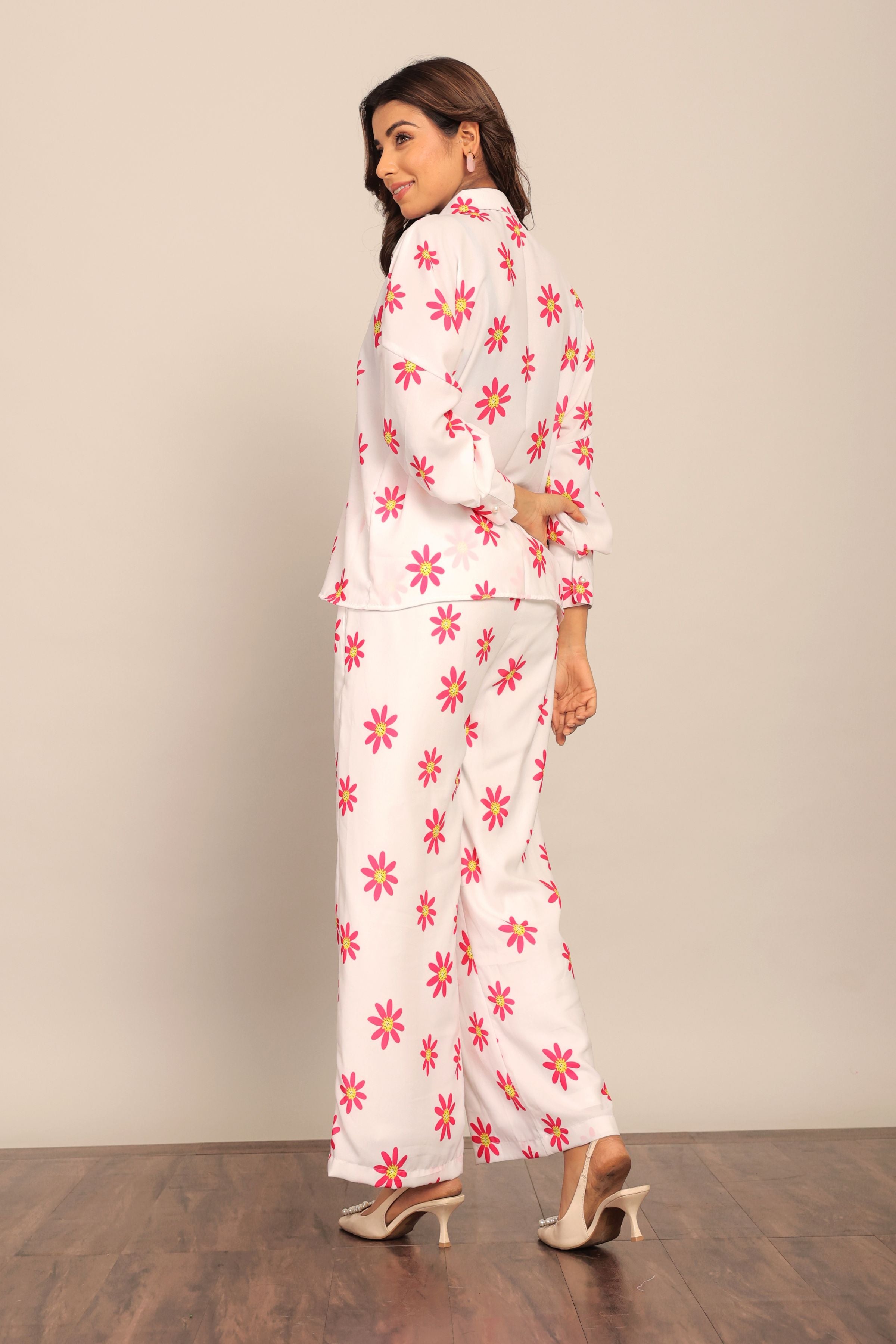 White and Red Floral Printed Western Cord-Set Relaxed Shirt and Pant - Kaoribyshreya