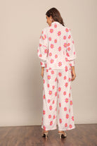 White and Red Floral Printed Western Cord-Set Relaxed Shirt and Pant - Kaoribyshreya