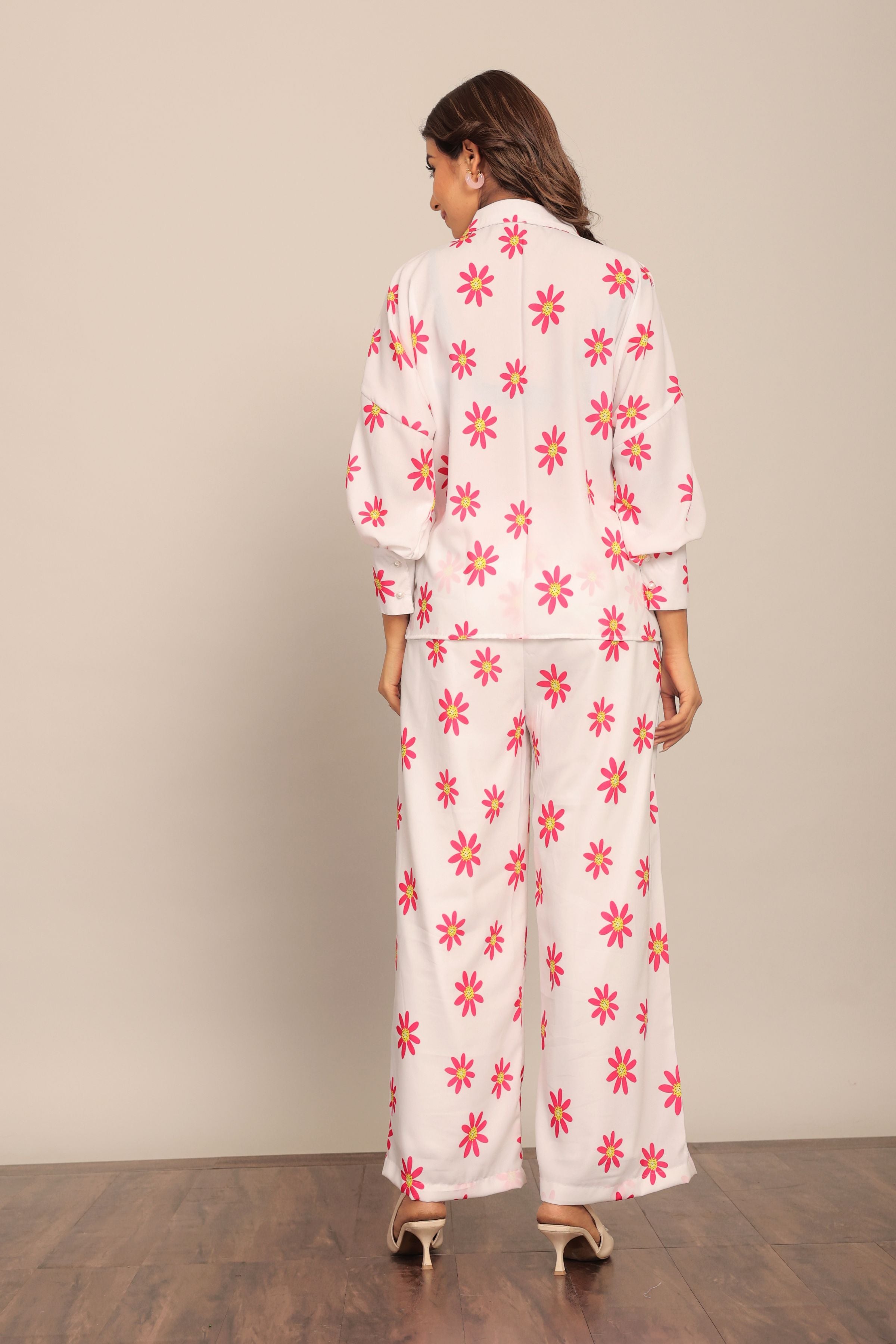 White and Red Floral Printed Western Cord-Set Relaxed Shirt and Pant - Kaoribyshreya