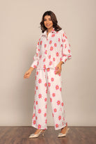 White and Red Floral Printed Western Cord-Set Relaxed Shirt and Pant - Kaoribyshreya
