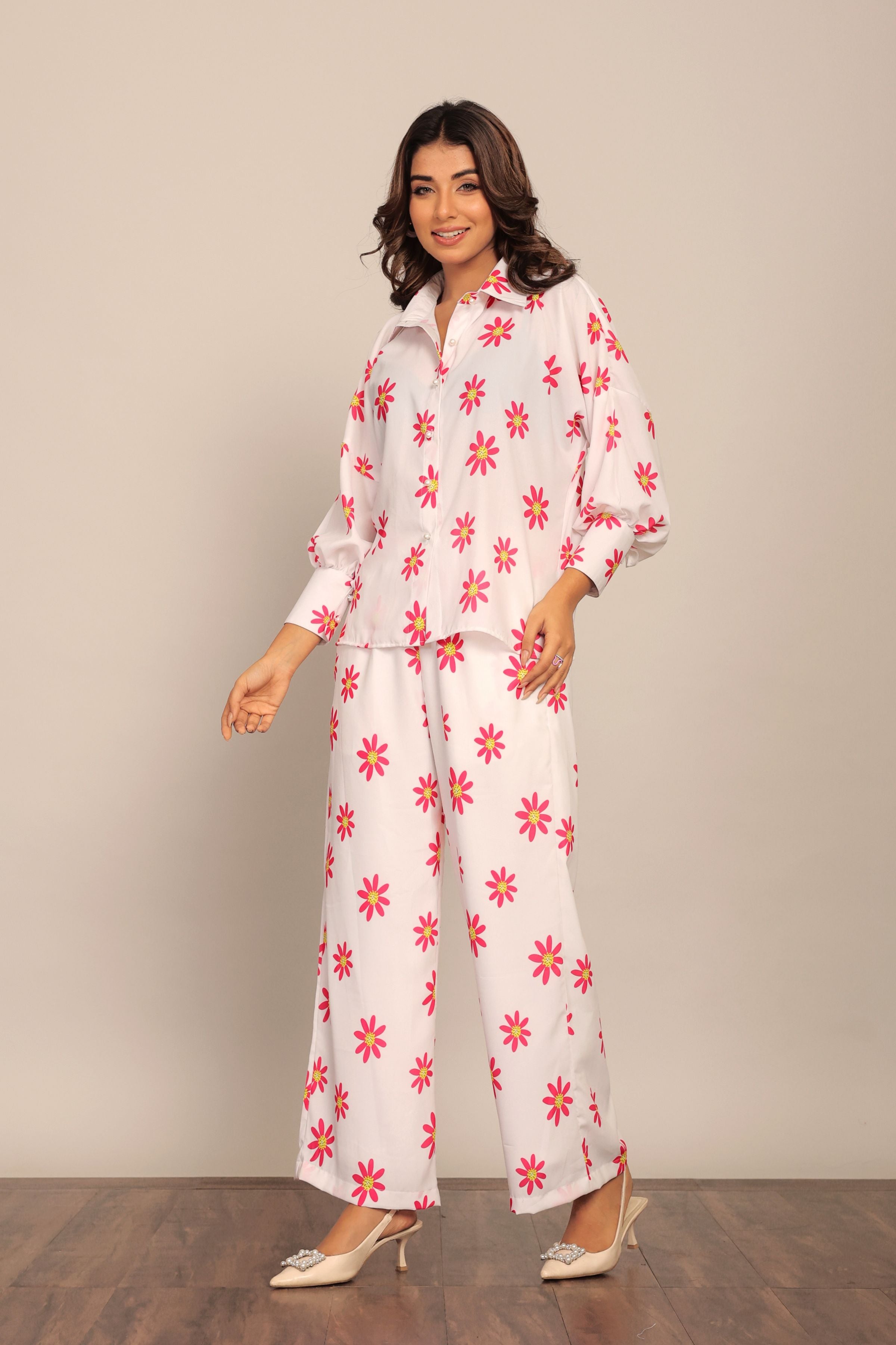 White and Red Floral Printed Western Cord-Set Relaxed Shirt and Pant - Kaoribyshreya