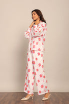 White and Red Floral Printed Western Cord-Set Relaxed Shirt and Pant - Kaoribyshreya