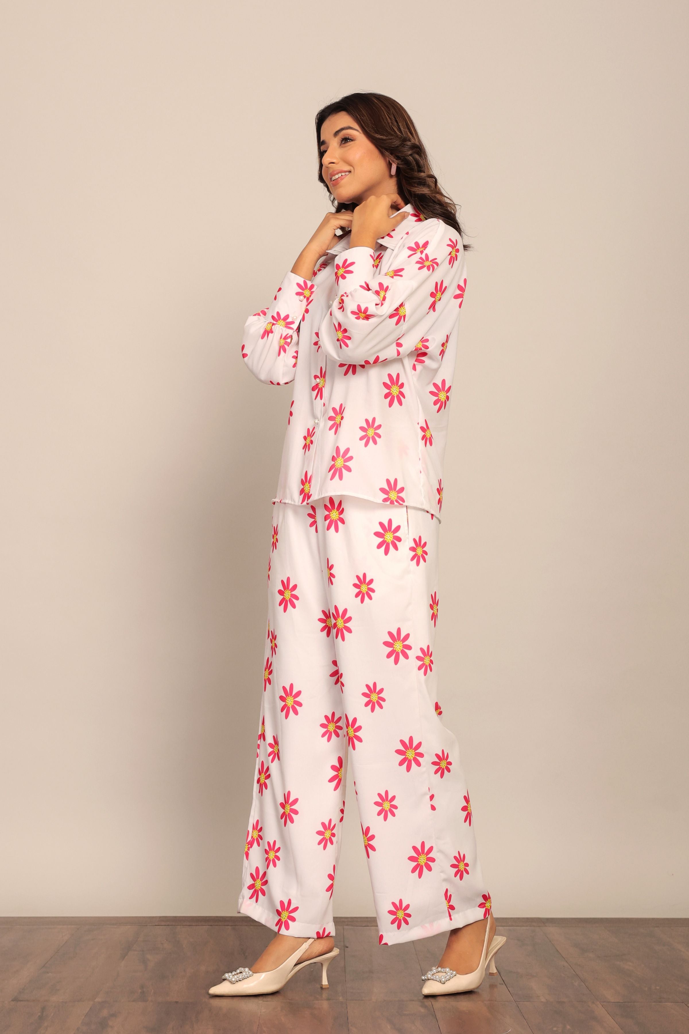 White and Red Floral Printed Western Cord-Set Relaxed Shirt and Pant - Kaoribyshreya