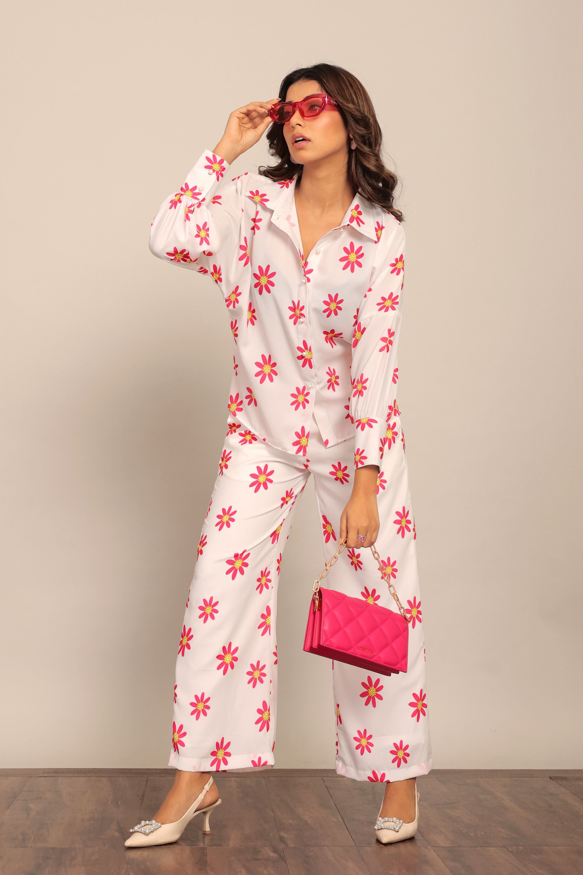 White and Red Floral Printed Western Cord-Set Relaxed Shirt and Pant - Kaoribyshreya