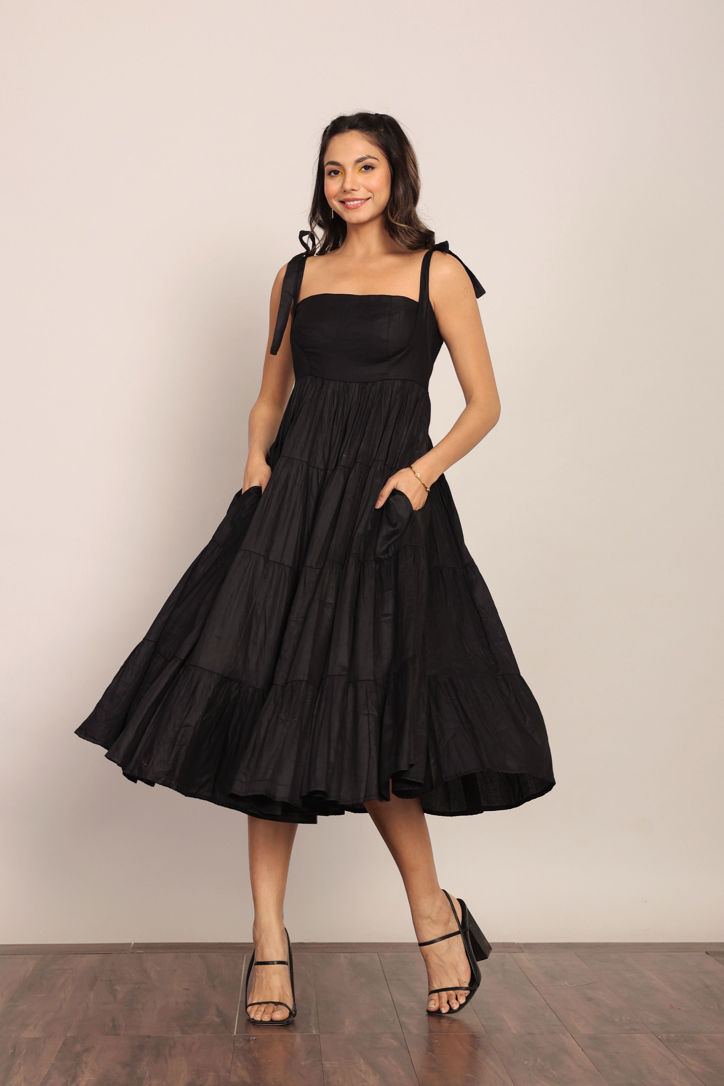 Black Solid Bust Fitted Skater Midi Dress - Kaoribyshreya