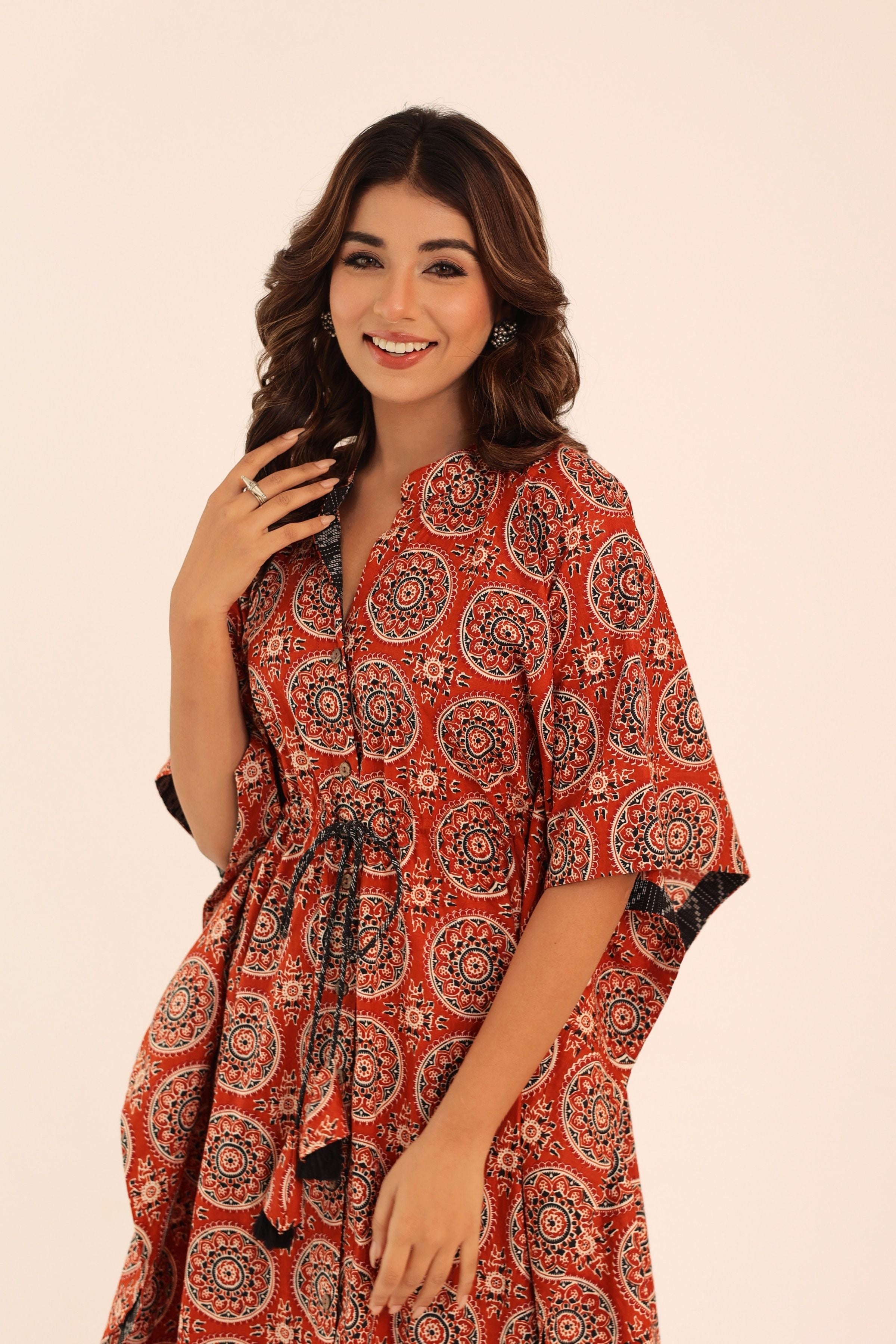 Brown Printed Relaxed Kaftan Kurta With Waist Dori - Kaoribyshreya