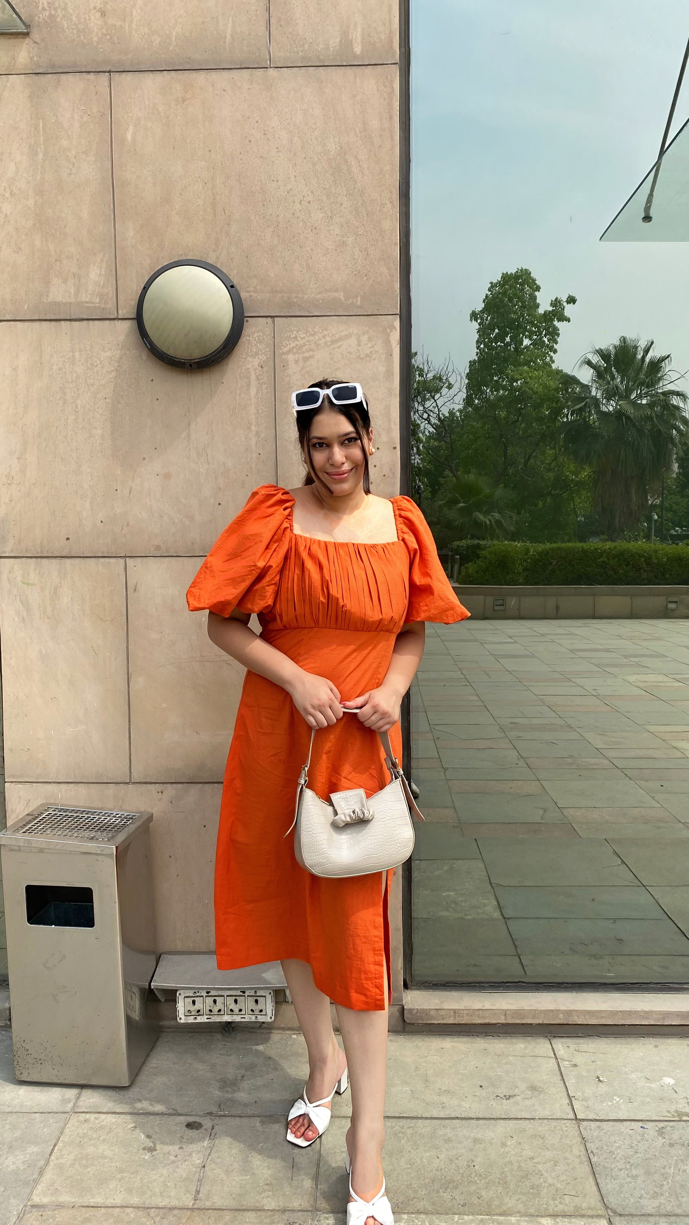 Burnt Orange Puff Front Shift Dress With Side Slit - Kaoribyshreya