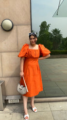 Burnt Orange Puff Front Shift Dress With Side Slit - Kaoribyshreya