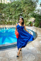 Classic Blue Ruffled Waist Cut Out Maxi Dress - Kaoribyshreya