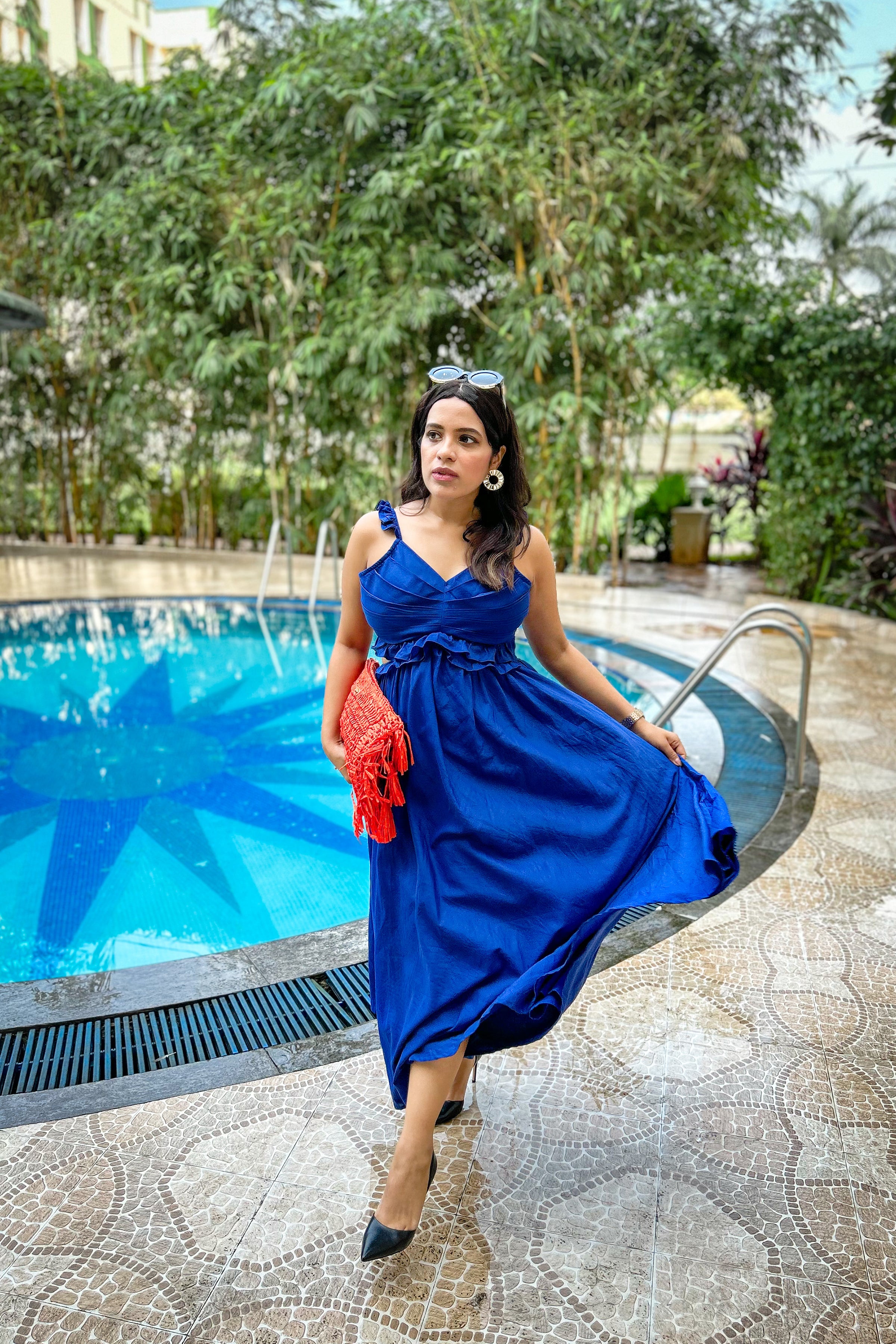 Classic Blue Ruffled Waist Cut Out Maxi Dress - Kaoribyshreya