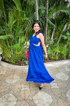 Classic Blue Ruffled Waist Cut Out Maxi Dress - Kaoribyshreya