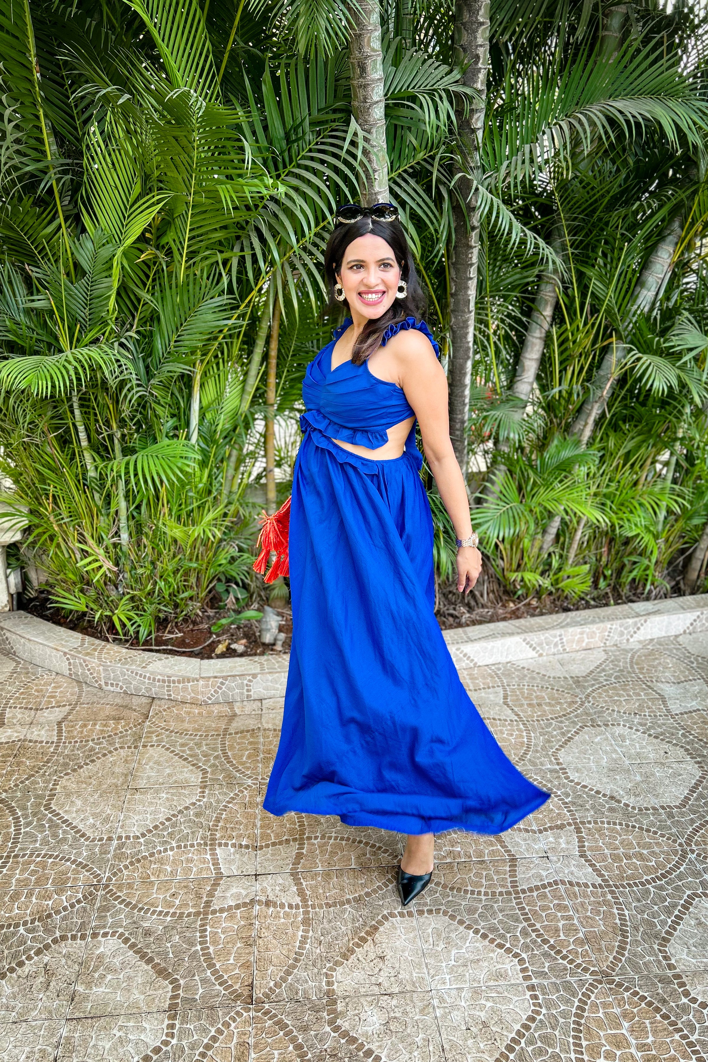 Classic Blue Ruffled Waist Cut Out Maxi Dress - Kaoribyshreya