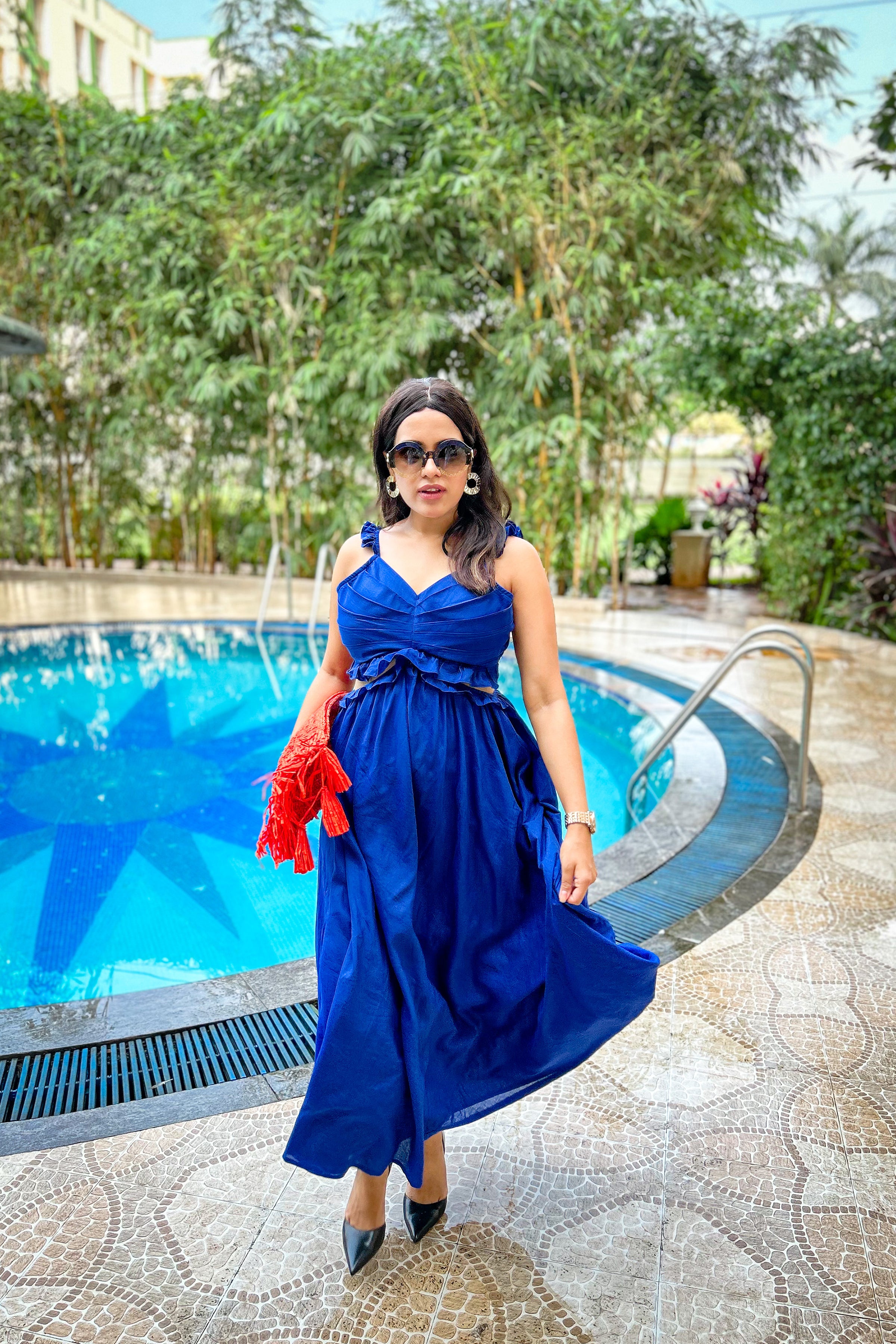 Classic Blue Ruffled Waist Cut Out Maxi Dress - Kaoribyshreya