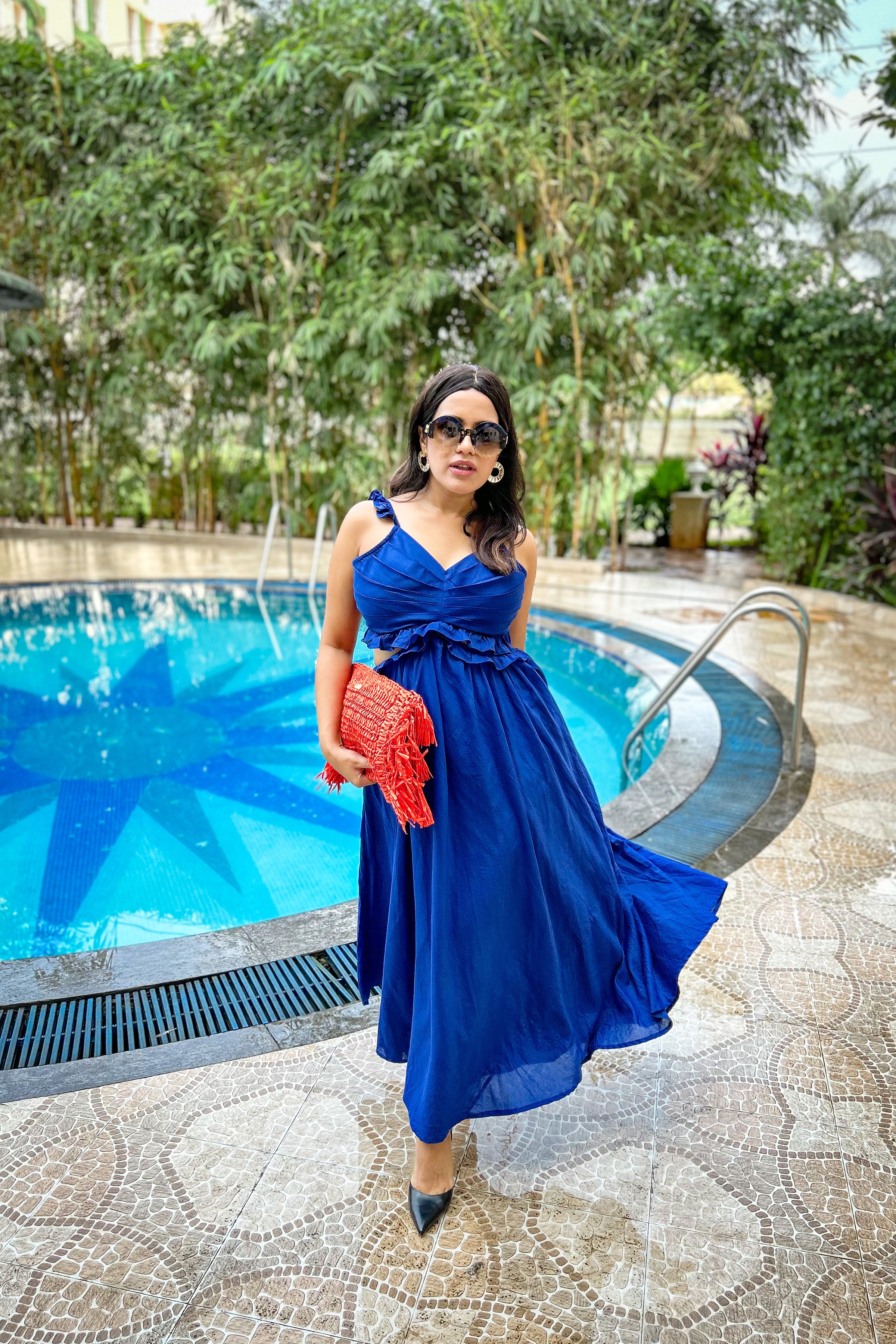 Classic Blue Ruffled Waist Cut Out Maxi Dress - Kaoribyshreya