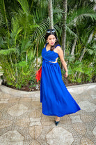 Classic Blue Ruffled Waist Cut Out Maxi Dress - Kaoribyshreya