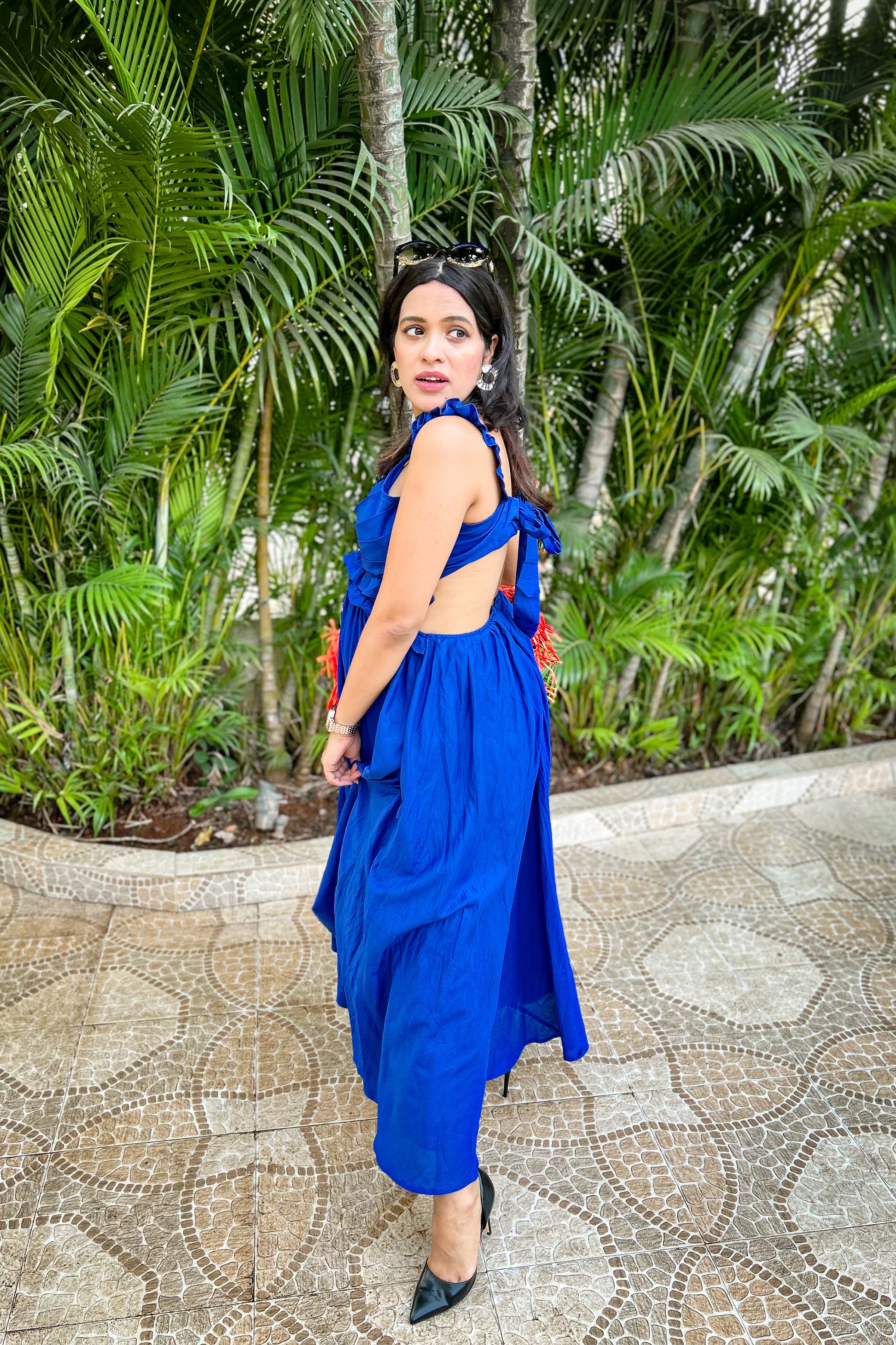 Classic Blue Ruffled Waist Cut Out Maxi Dress - Kaoribyshreya