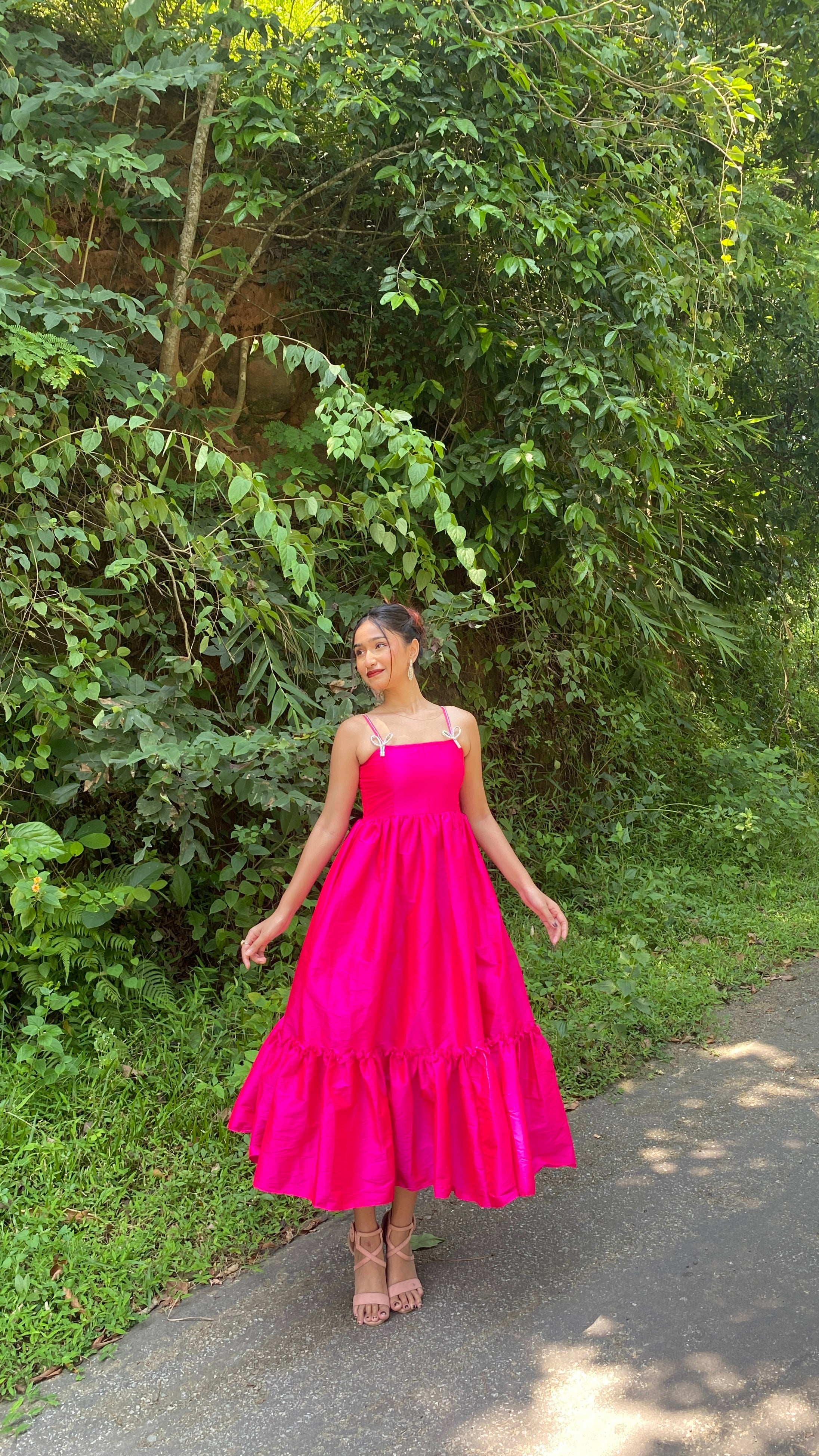 Fuschia Pink With Rhinestone Bow Flared Maxi Dress - Kaoribyshreya