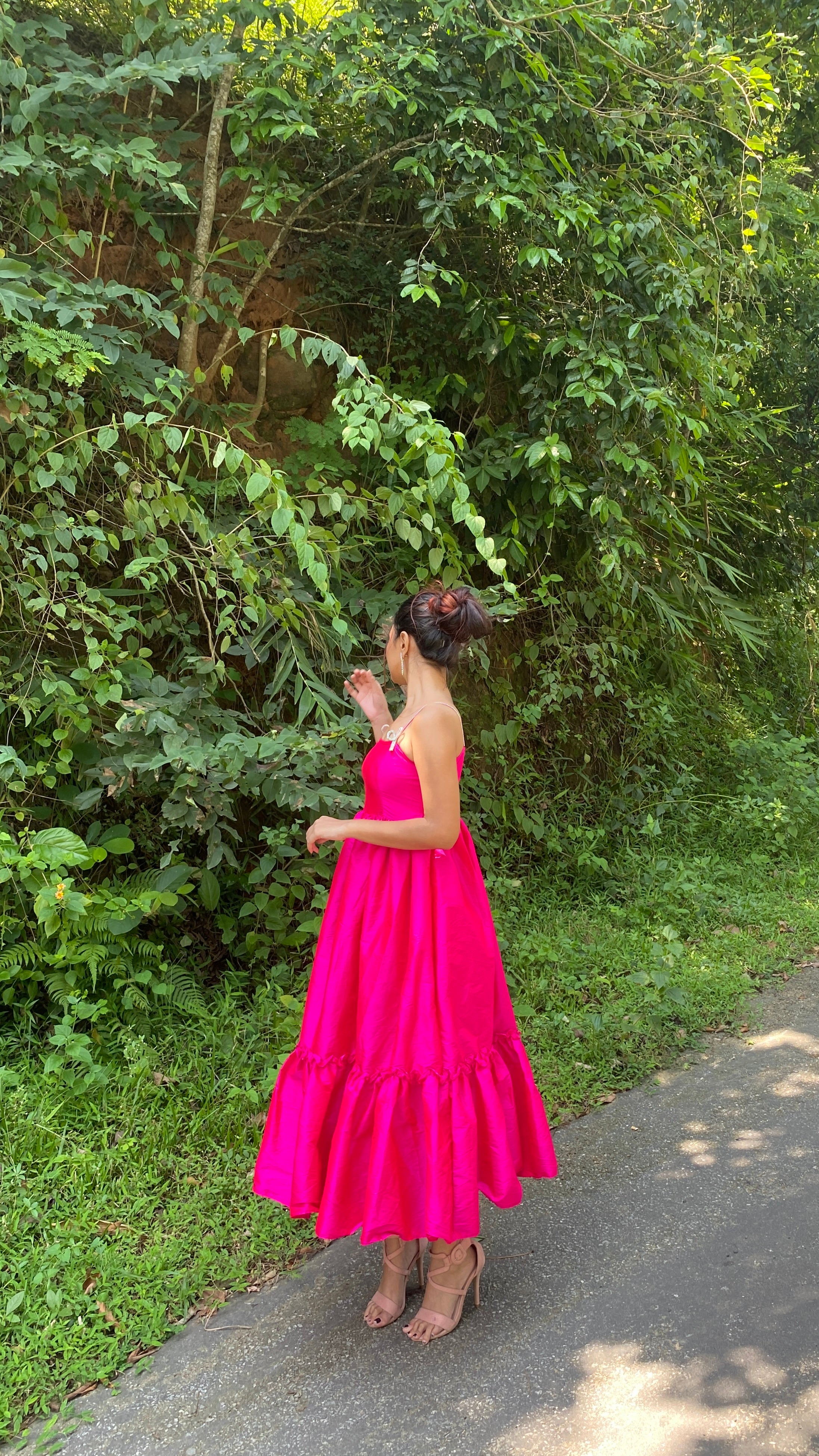 Fuschia Pink With Rhinestone Bow Flared Maxi Dress - Kaoribyshreya