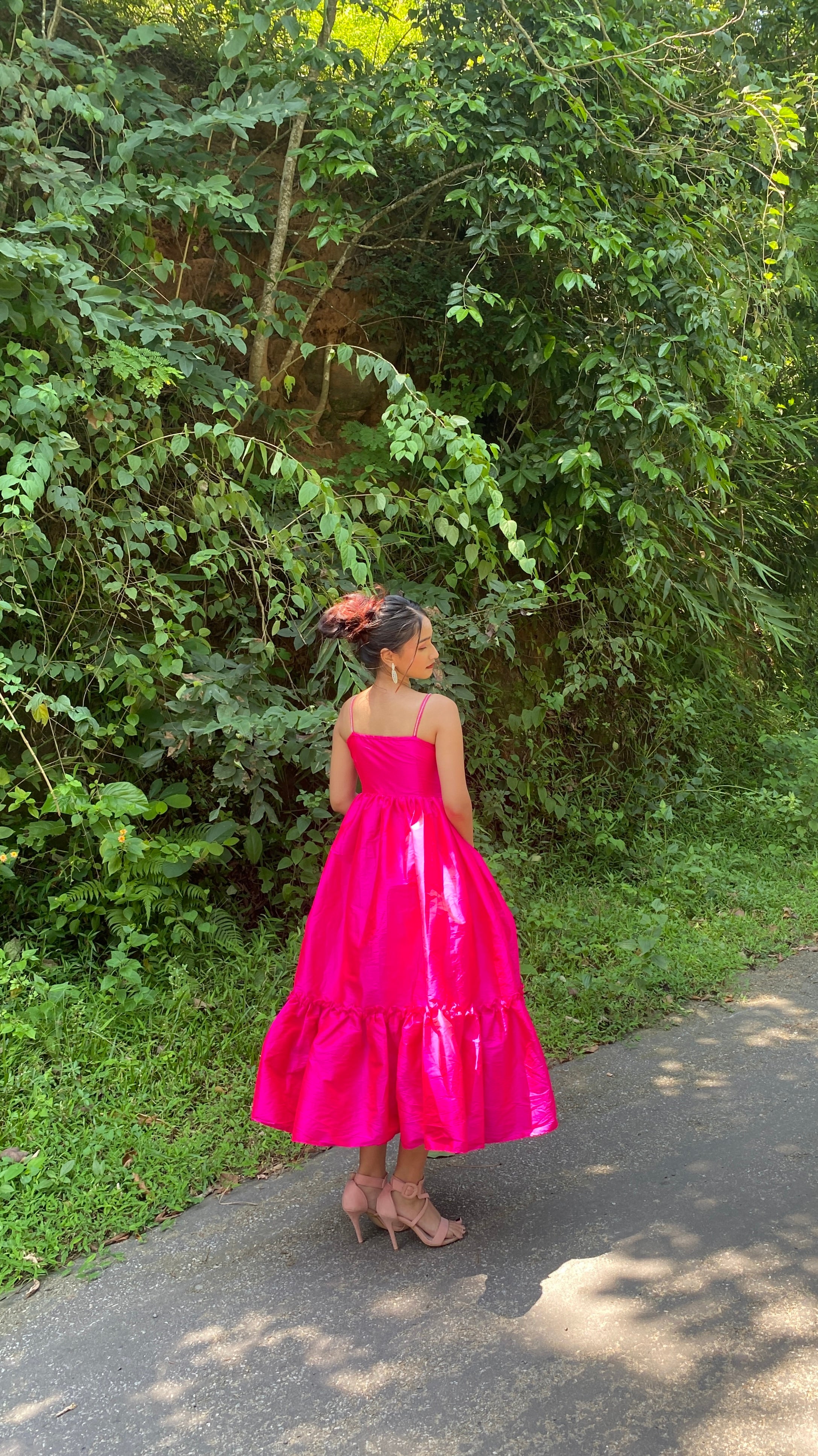 Fuschia Pink With Rhinestone Bow Flared Maxi Dress - Kaoribyshreya