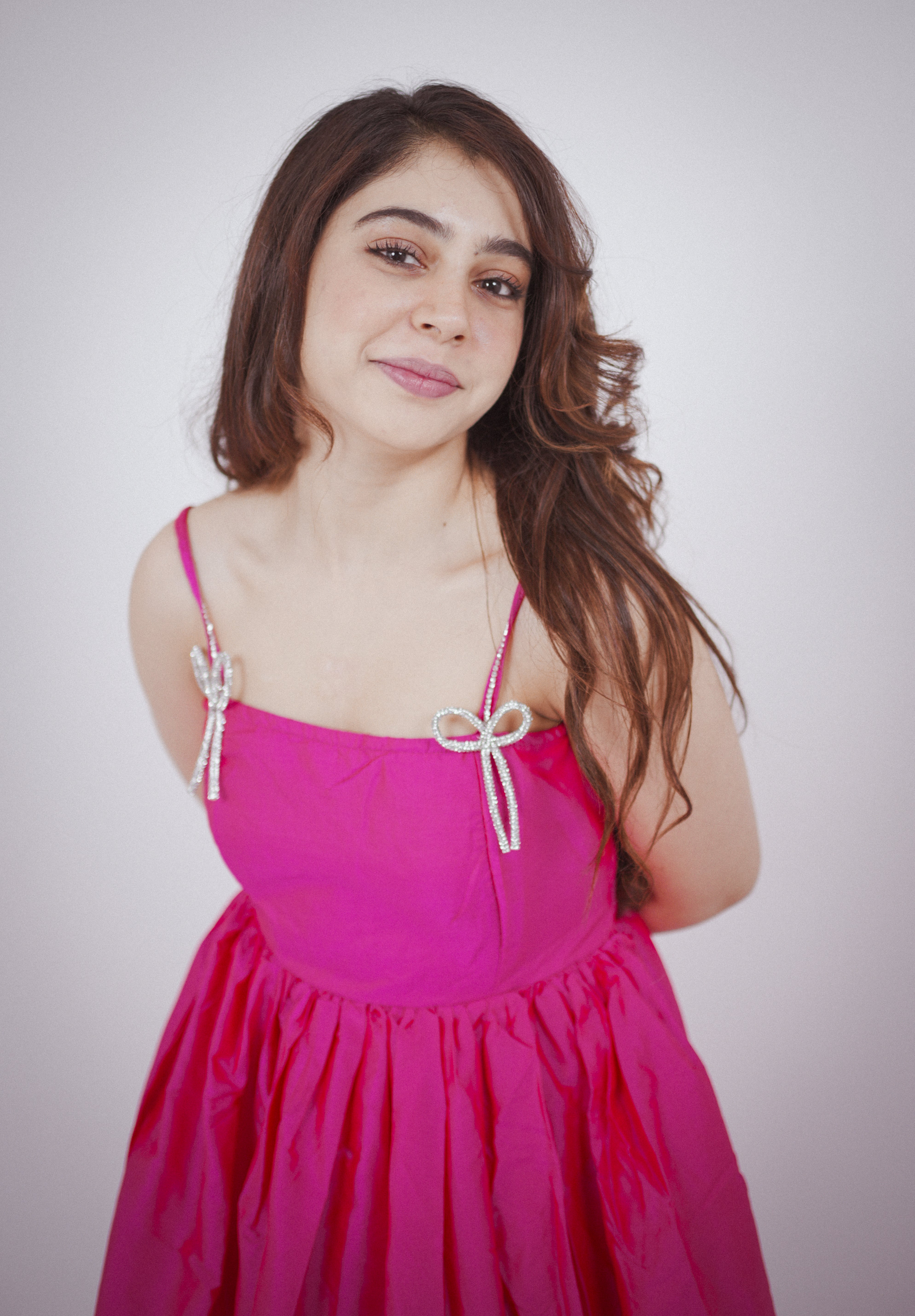 Fuschia Pink With Rhinestone Bow Flared Maxi Dress - Kaoribyshreya