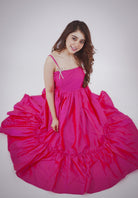 Fuschia Pink With Rhinestone Bow Flared Maxi Dress - Kaoribyshreya
