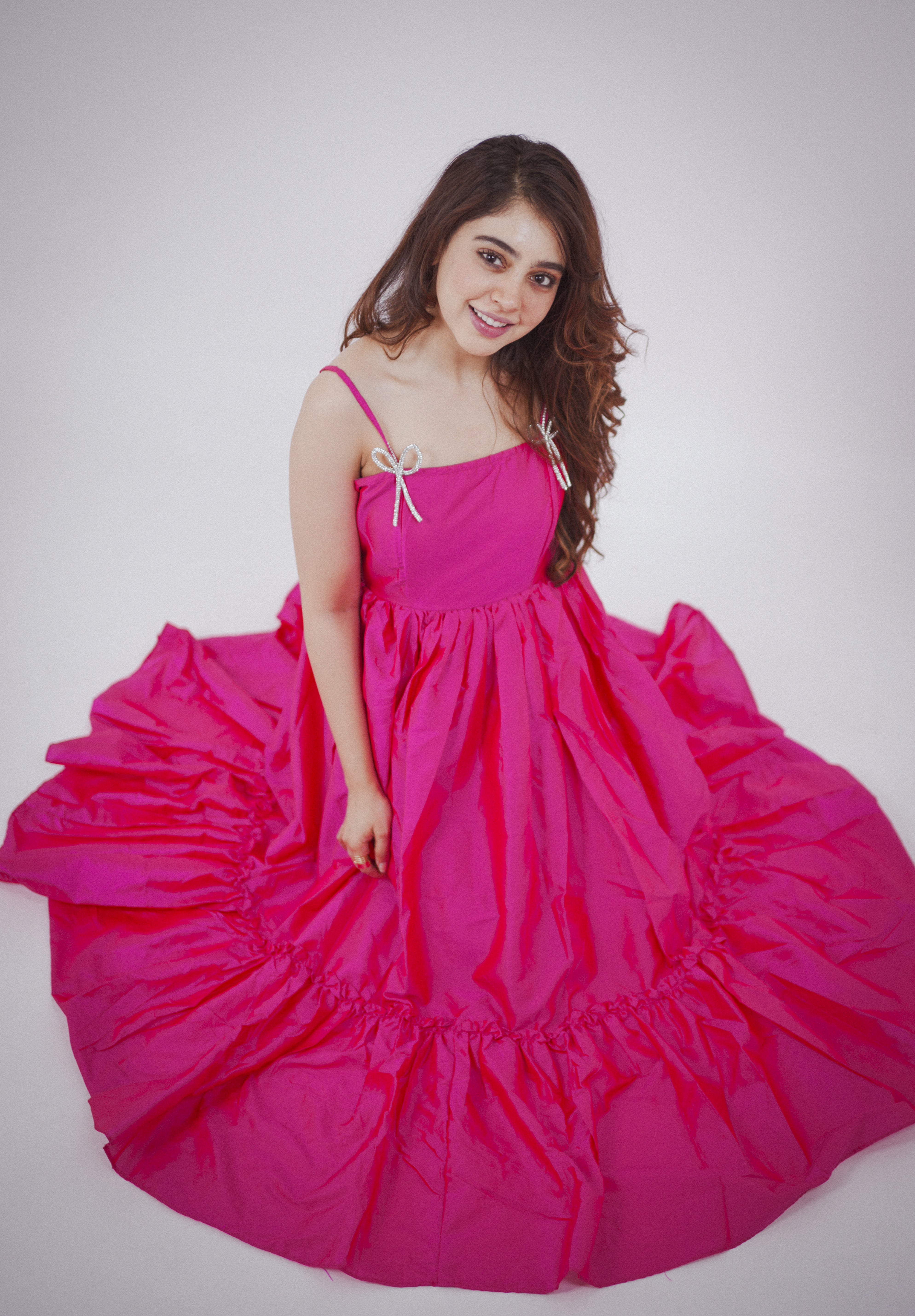 Fuschia Pink With Rhinestone Bow Flared Maxi Dress - Kaoribyshreya