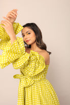 Green Checks 3 Way Styling Volume Sleeves Midi Dress - Kaoribyshreya