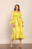 Green Checks 3 Way Styling Volume Sleeves Midi Dress - Kaoribyshreya
