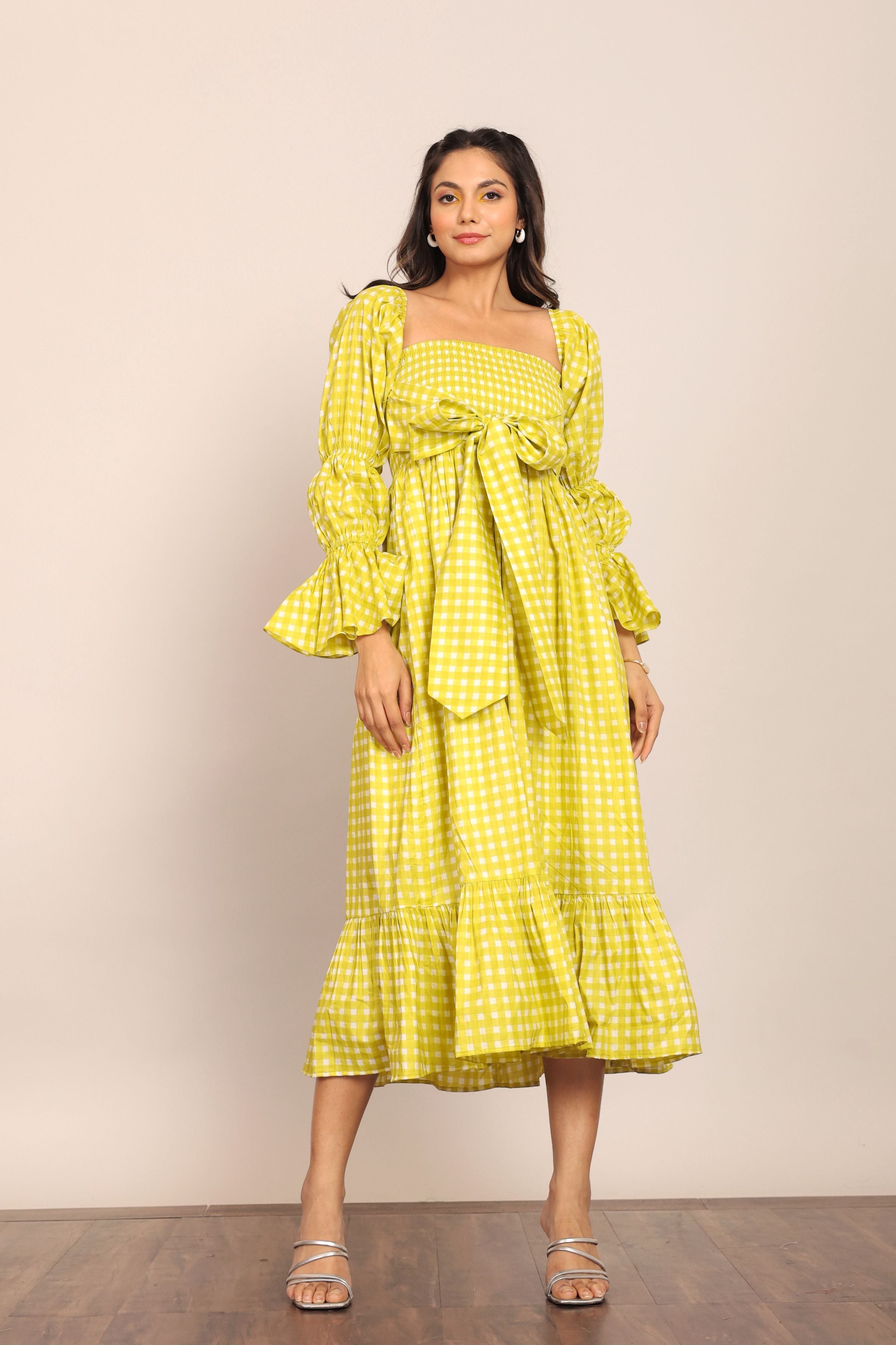 Green Checks 3 Way Styling Volume Sleeves Midi Dress - Kaoribyshreya