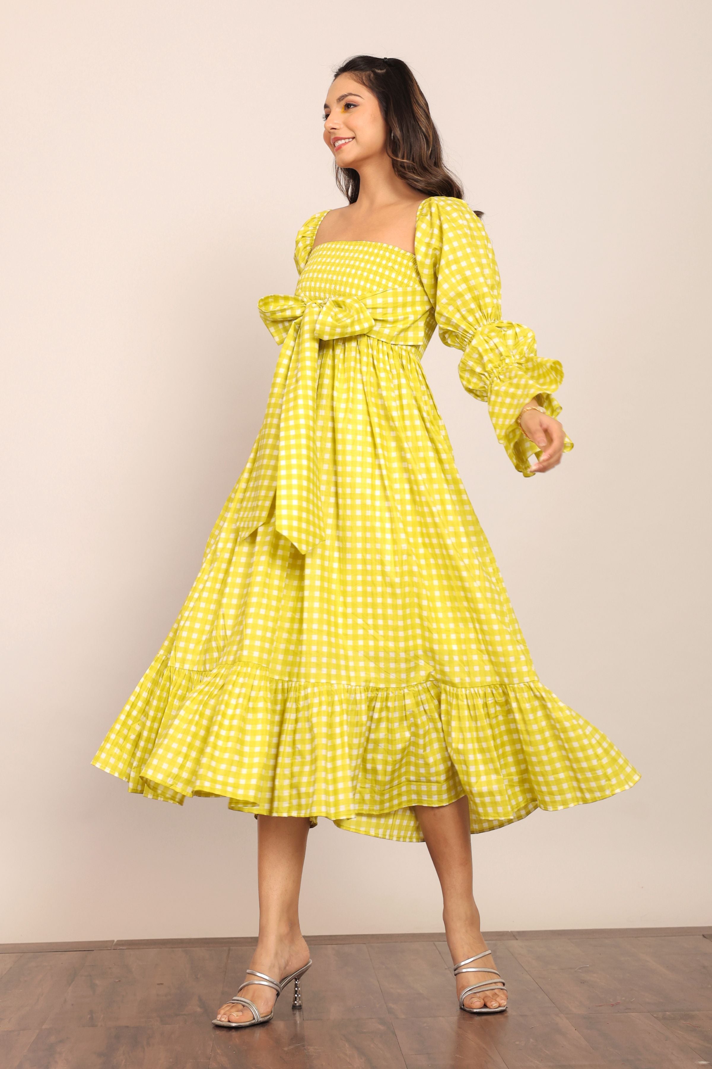 Green Checks 3 Way Styling Volume Sleeves Midi Dress - Kaoribyshreya